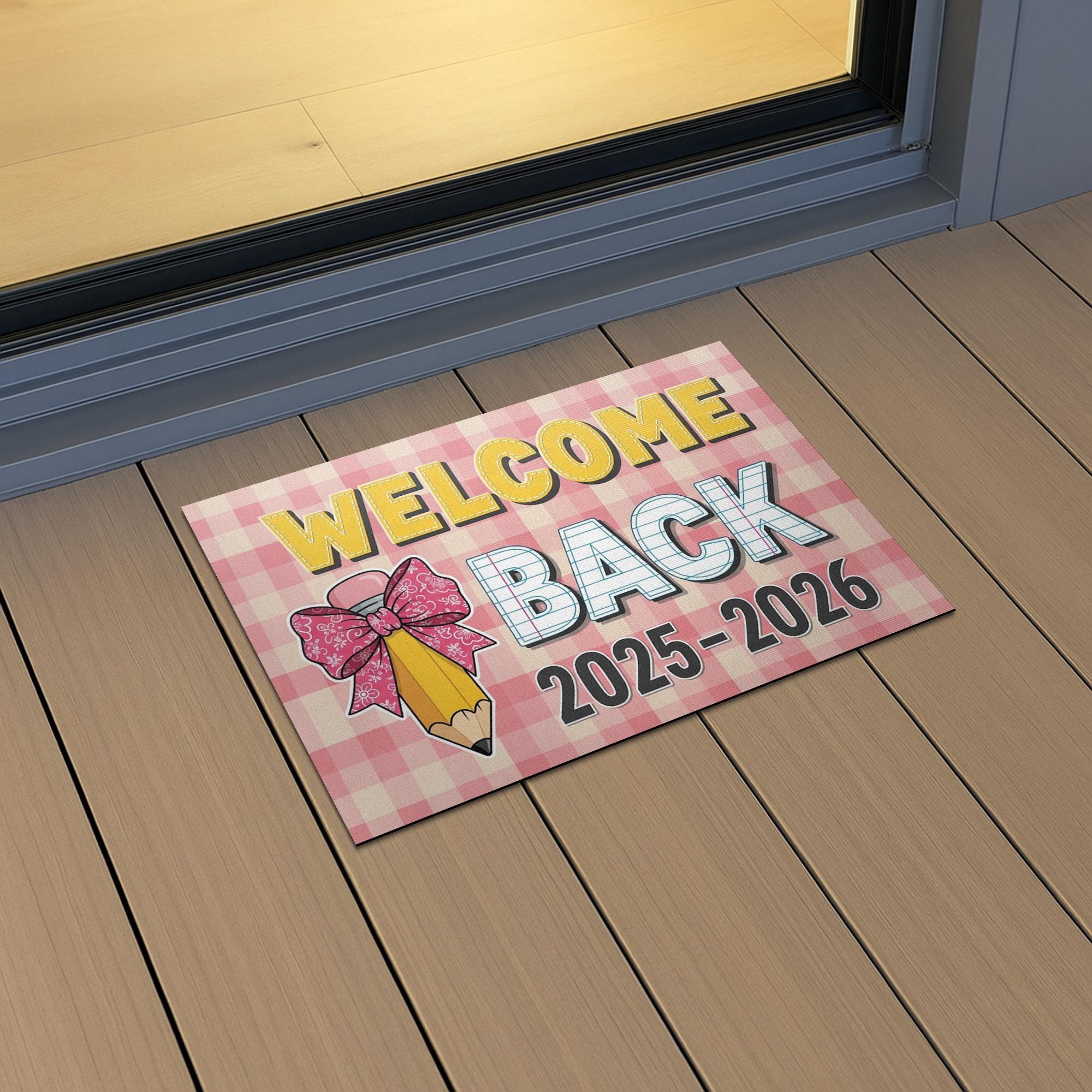 Welcome Back Doormat 2025-2026, Back to School Rug, Teacher Classroom Mat, First Day of School Decor, Gingham Pencil Door Mat