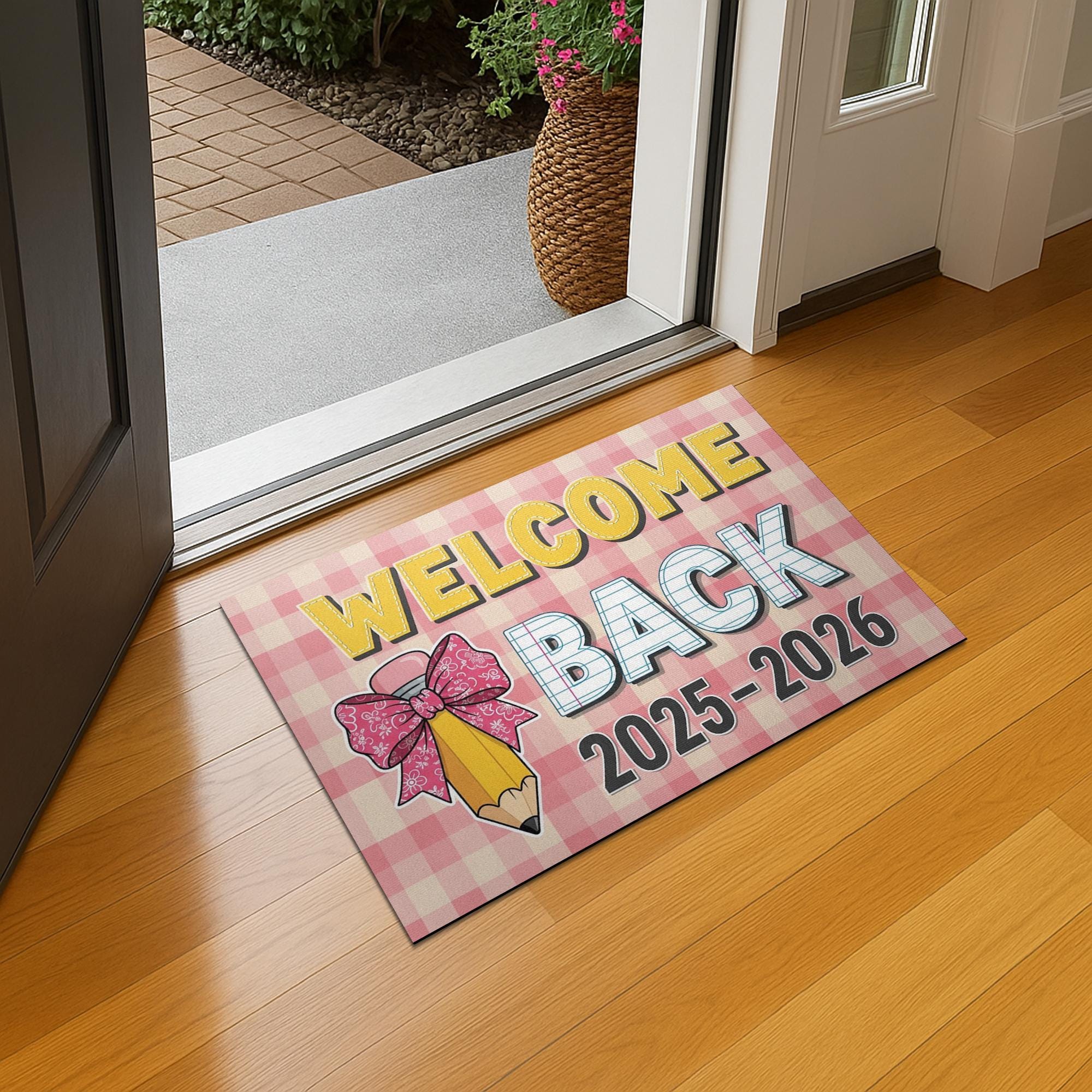 Welcome Back Doormat 2025-2026, Back to School Rug, Teacher Classroom Mat, First Day of School Decor, Gingham Pencil Door Mat