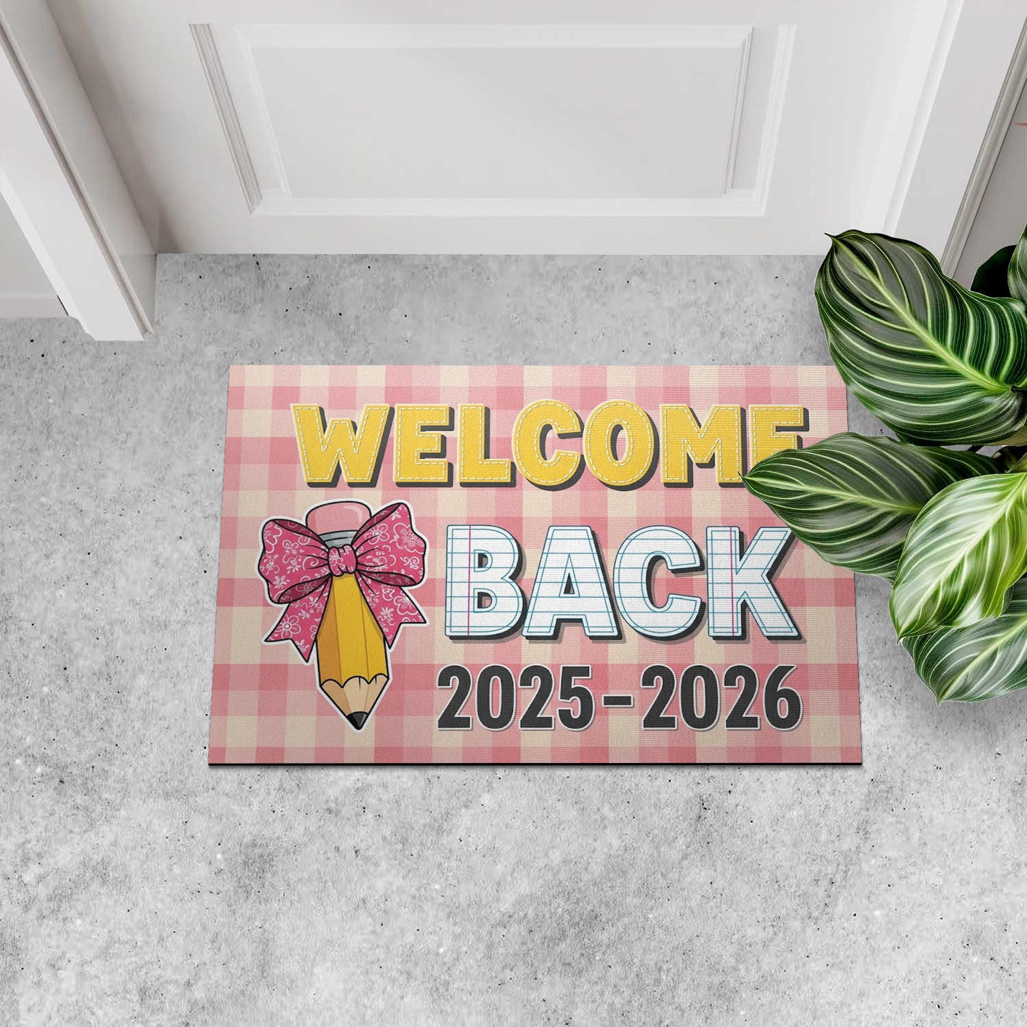 Welcome Back Doormat 2025-2026, Back to School Rug, Teacher Classroom Mat, First Day of School Decor, Gingham Pencil Door Mat