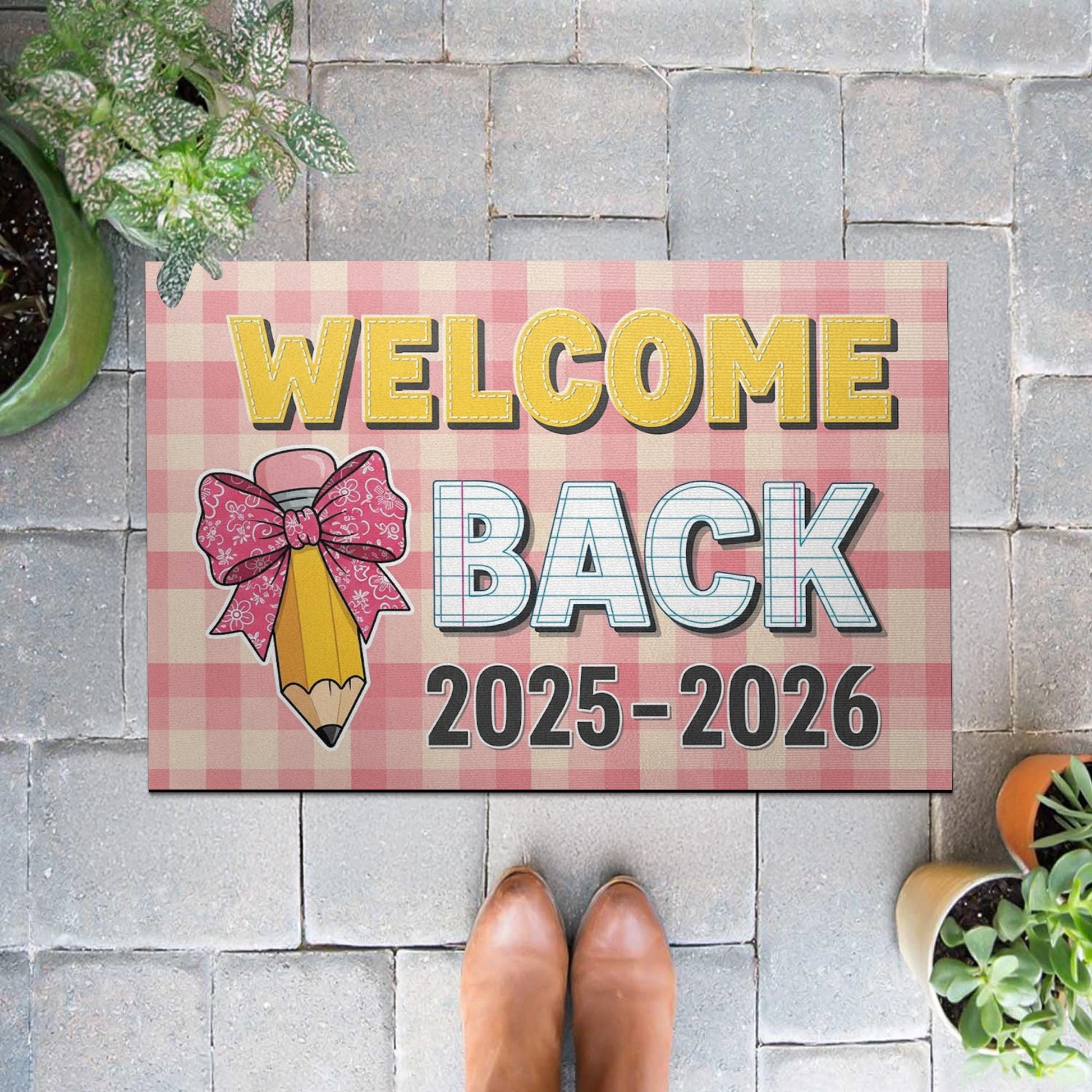 Welcome Back Doormat 2025-2026, Back to School Rug, Teacher Classroom Mat, First Day of School Decor, Gingham Pencil Door Mat