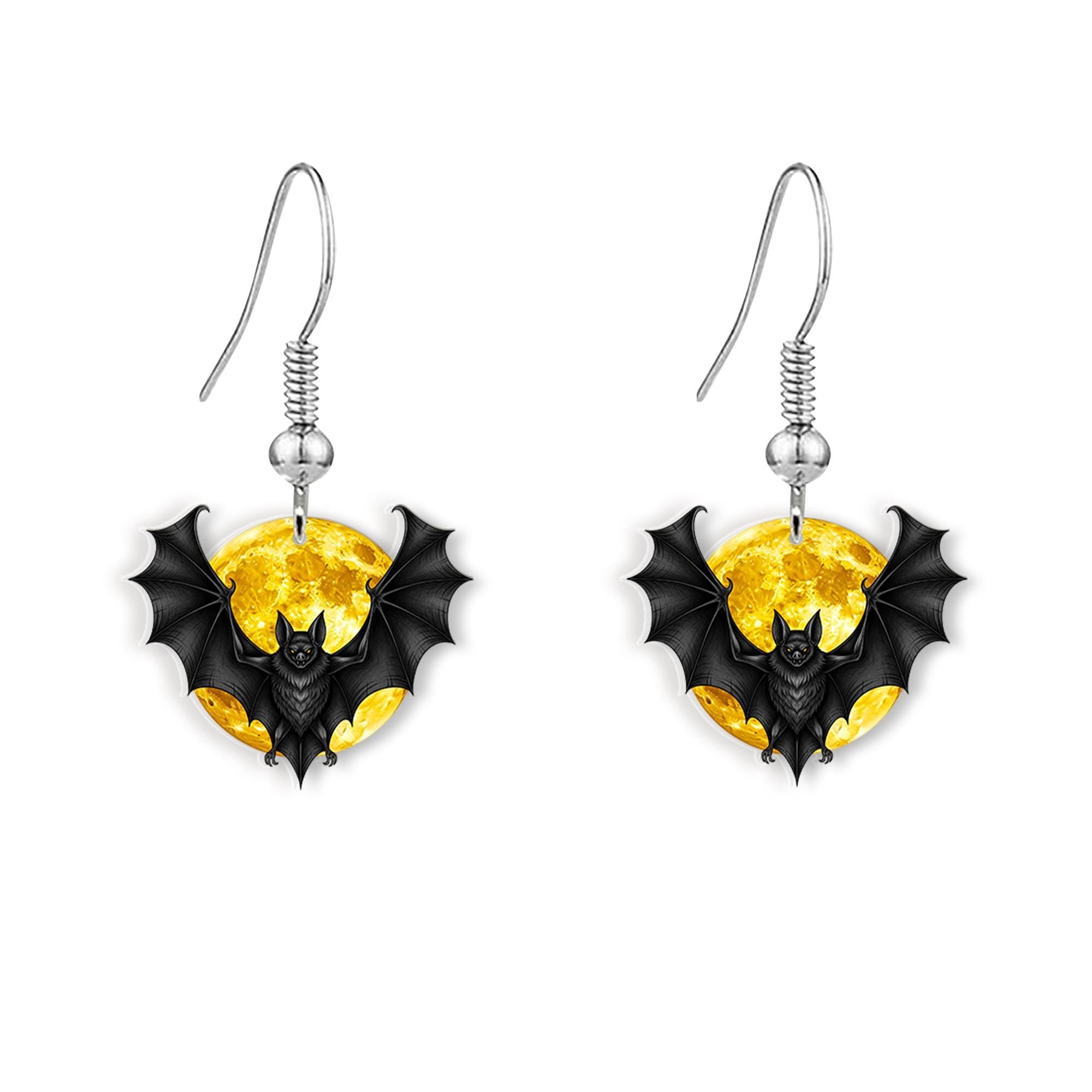 Halloween Bat Earrings – Full Moon Drop Earrings – Gothic Spooky Jewelry for Women