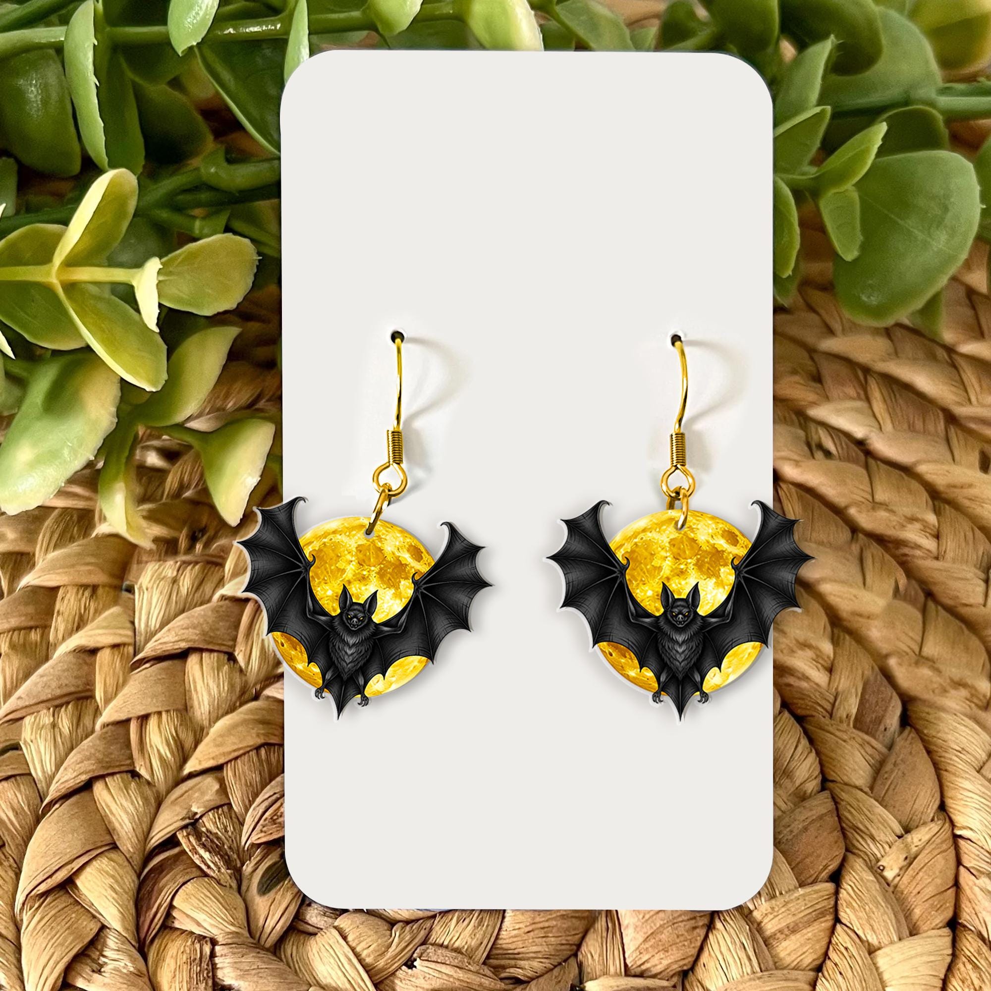 Halloween Bat Earrings – Full Moon Drop Earrings – Gothic Spooky Jewelry for Women