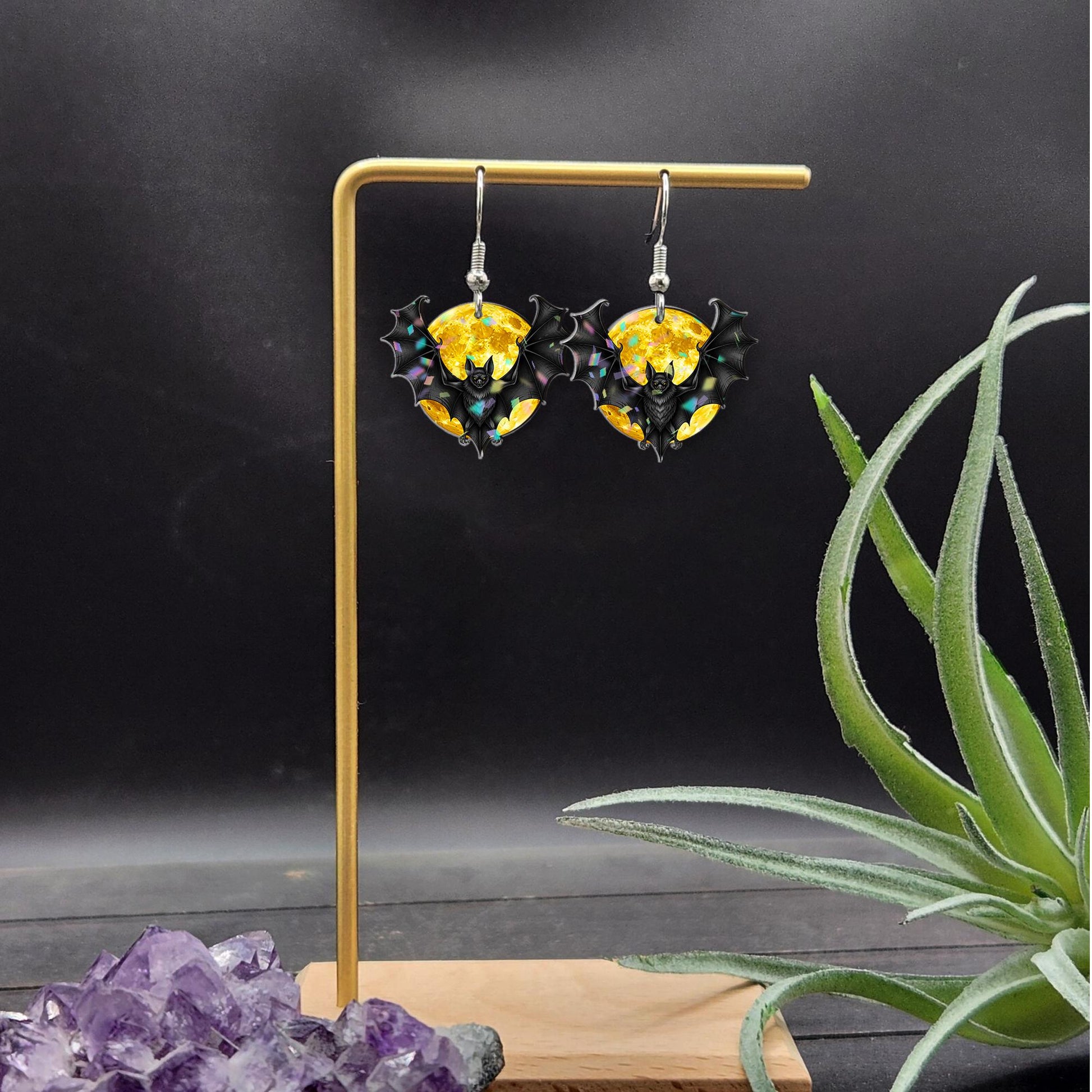 Halloween Bat Earrings – Full Moon Drop Earrings – Gothic Spooky Jewelry for Women