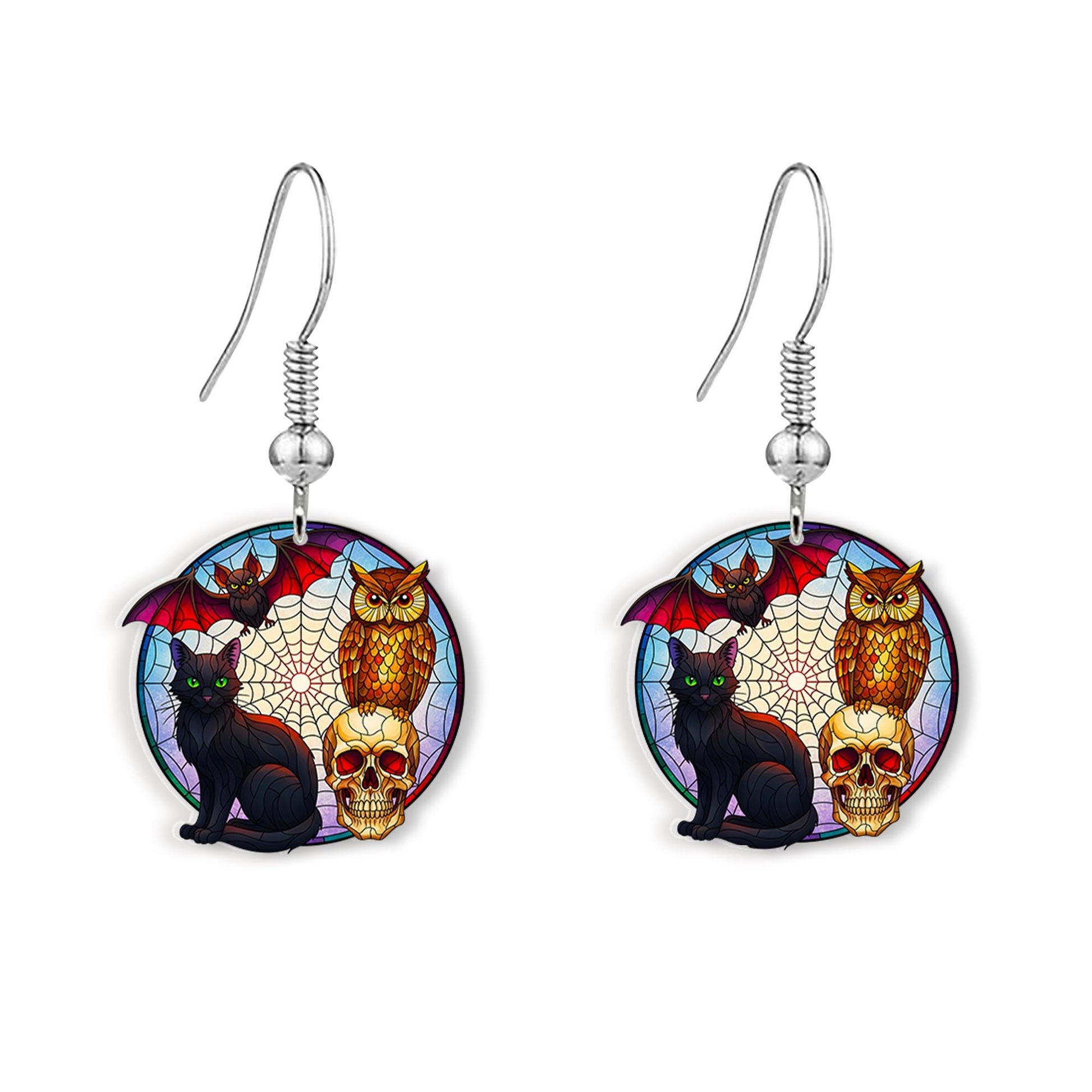 Halloween Cat Skull Earrings – Bat Owl Spider Web Dangle Earrings – Spooky Witch Jewelry