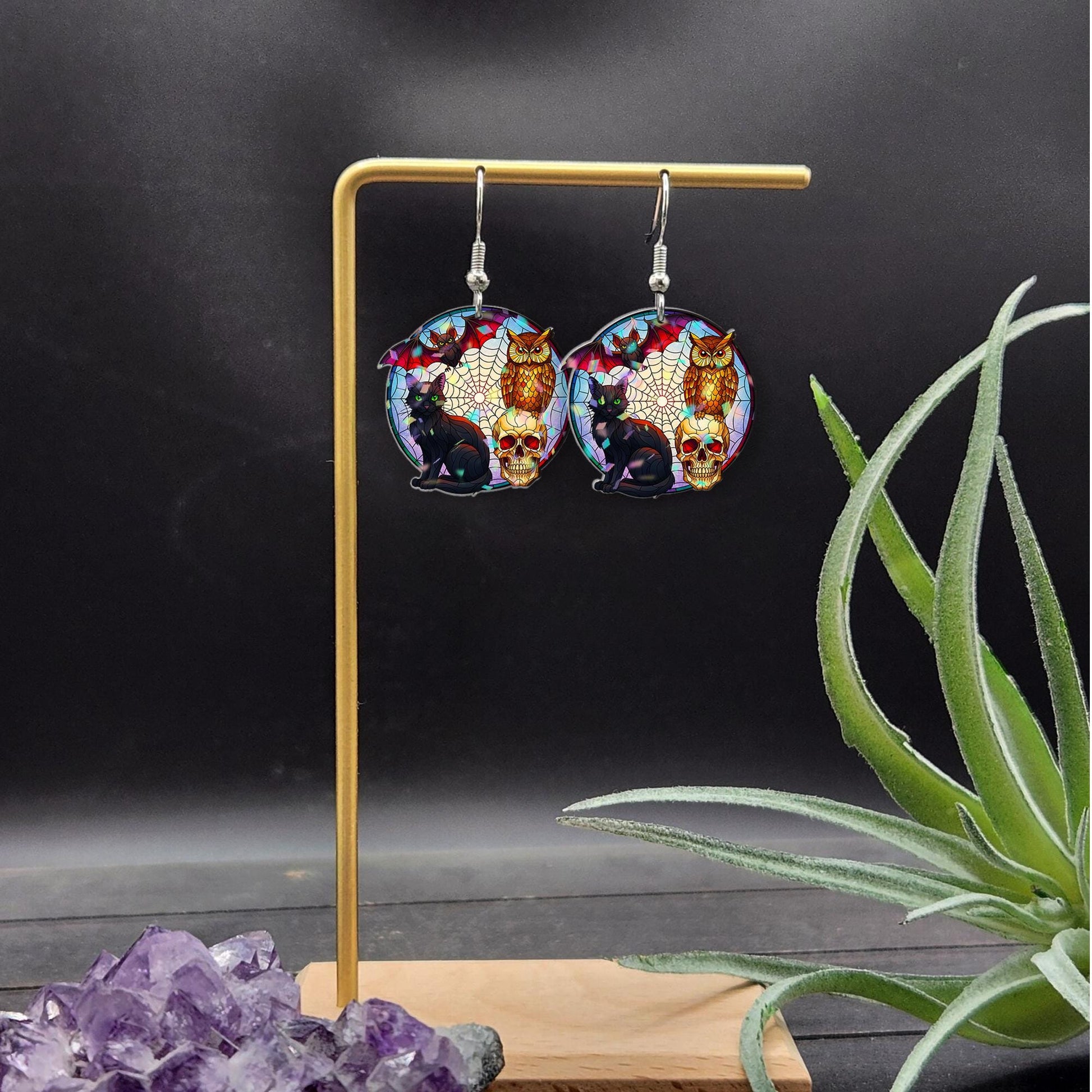 Halloween Cat Skull Earrings – Bat Owl Spider Web Dangle Earrings – Spooky Witch Jewelry