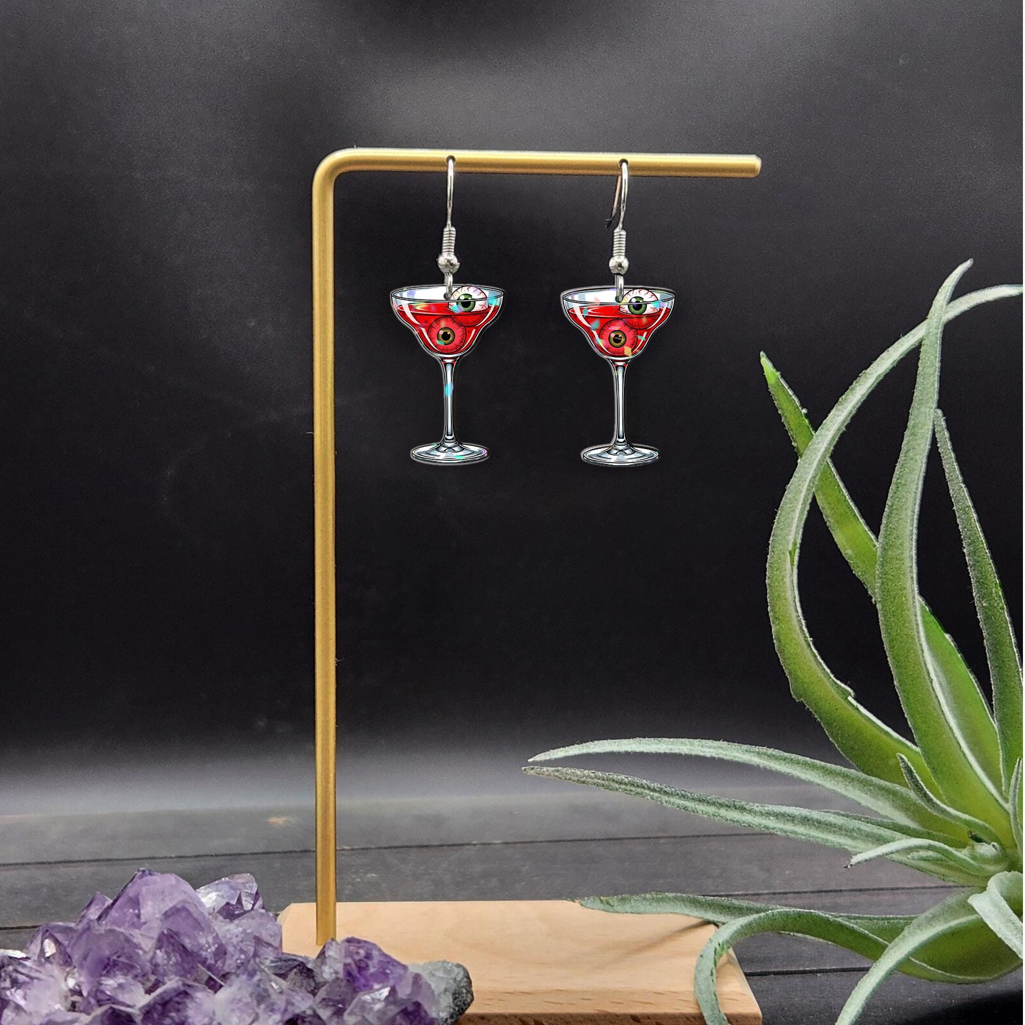 Halloween Cocktail Earrings – Spooky Drink Eyeball Dangle Earrings – Funny Halloween Jewelry