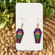 Halloween Coffin Earrings – Colorful Skull Pumpkin Dangle – Spooky Stained Glass Jewelry