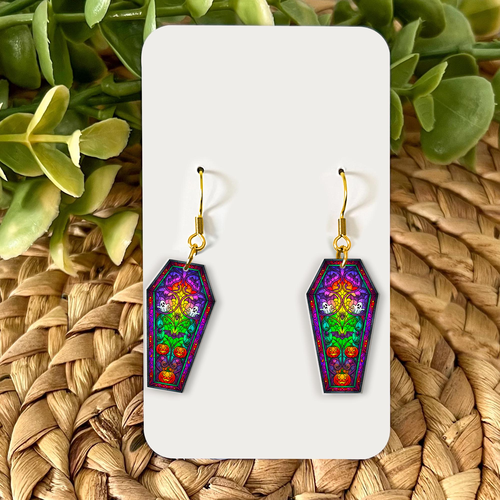 Halloween Coffin Earrings – Colorful Skull Pumpkin Dangle – Spooky Stained Glass Jewelry
