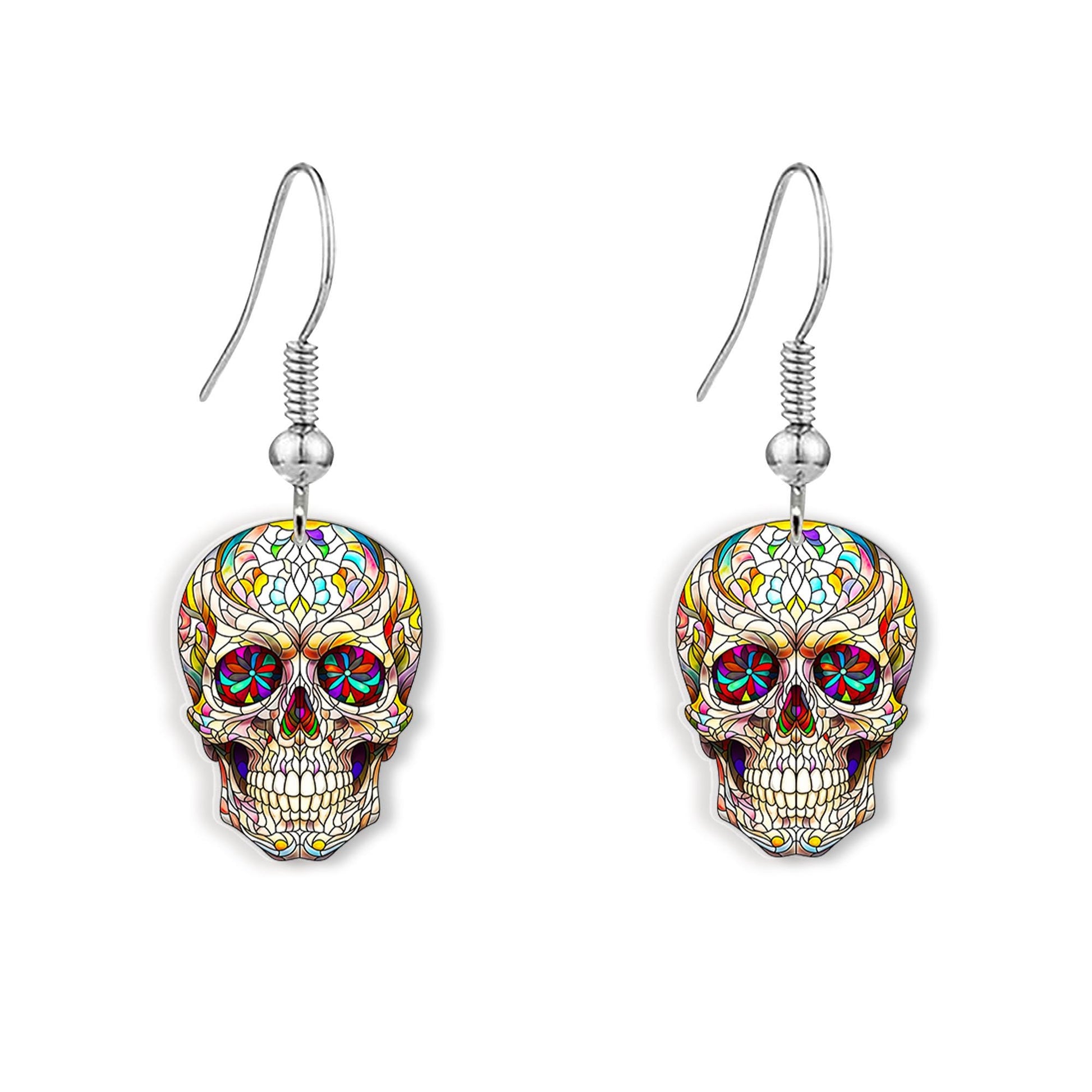 Stained Glass Skull Earrings – Colorful Halloween Dangle Jewelry – Gothic Sugar Skull Style