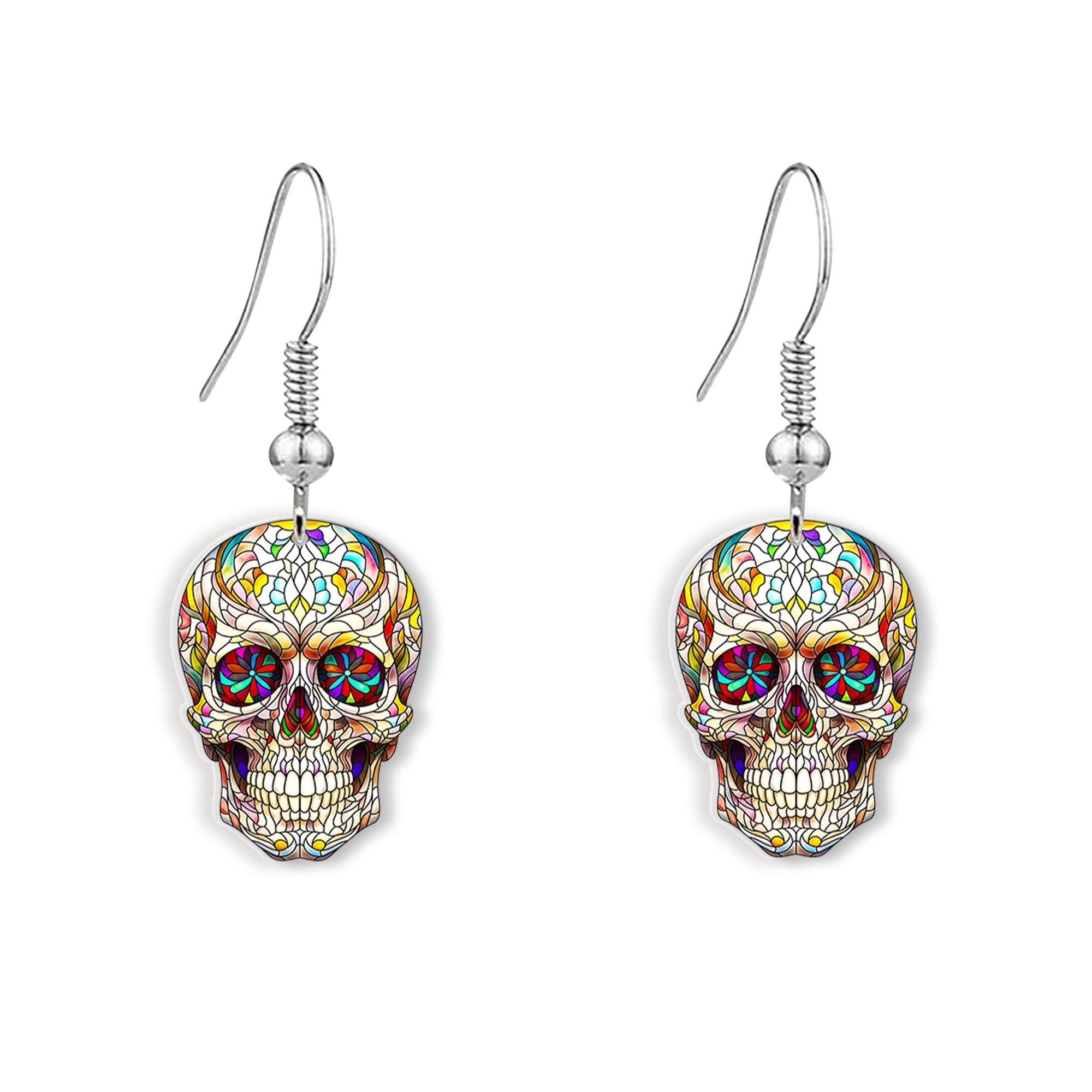 Stained Glass Skull Earrings – Colorful Halloween Dangle Jewelry – Gothic Sugar Skull Style