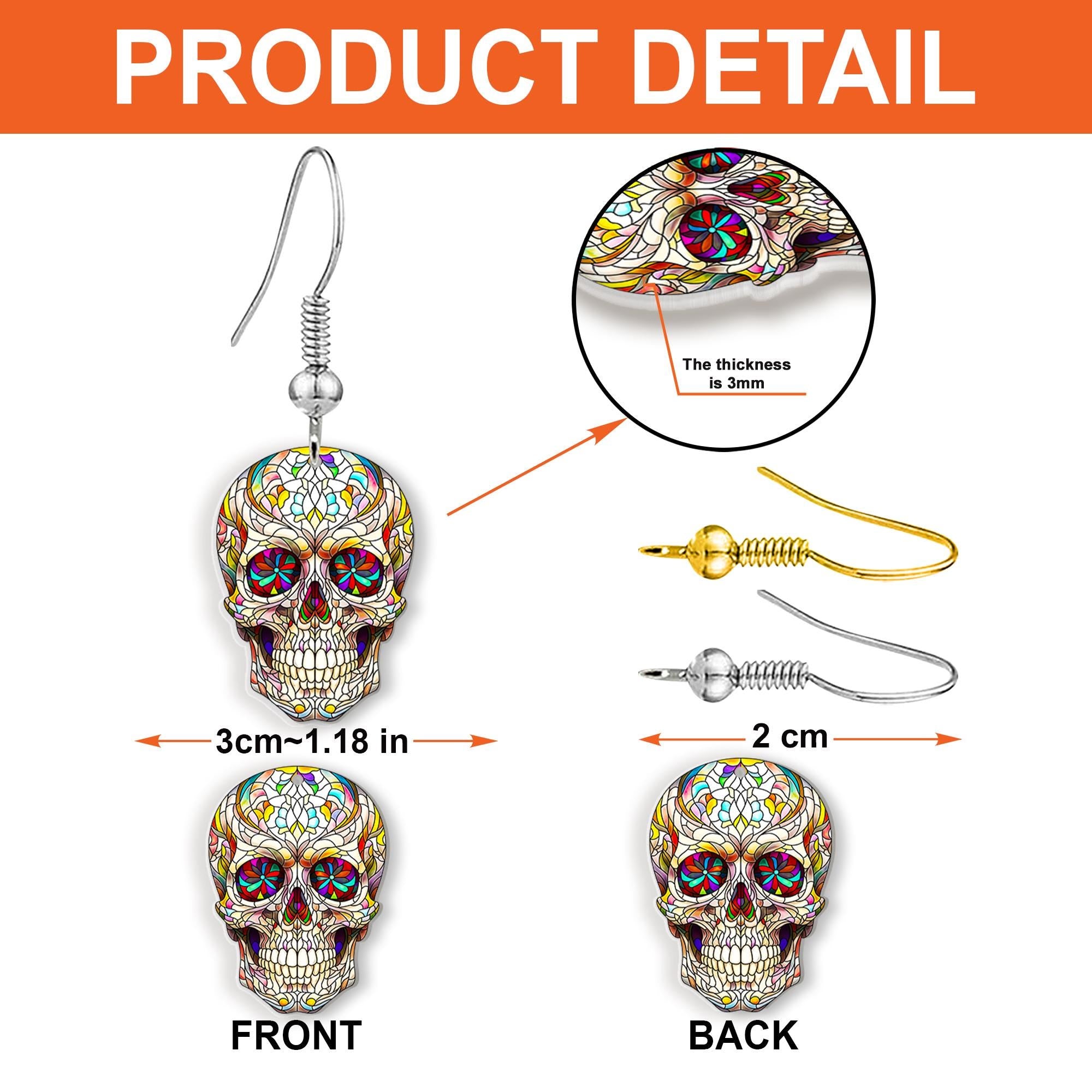 Stained Glass Skull Earrings – Colorful Halloween Dangle Jewelry – Gothic Sugar Skull Style