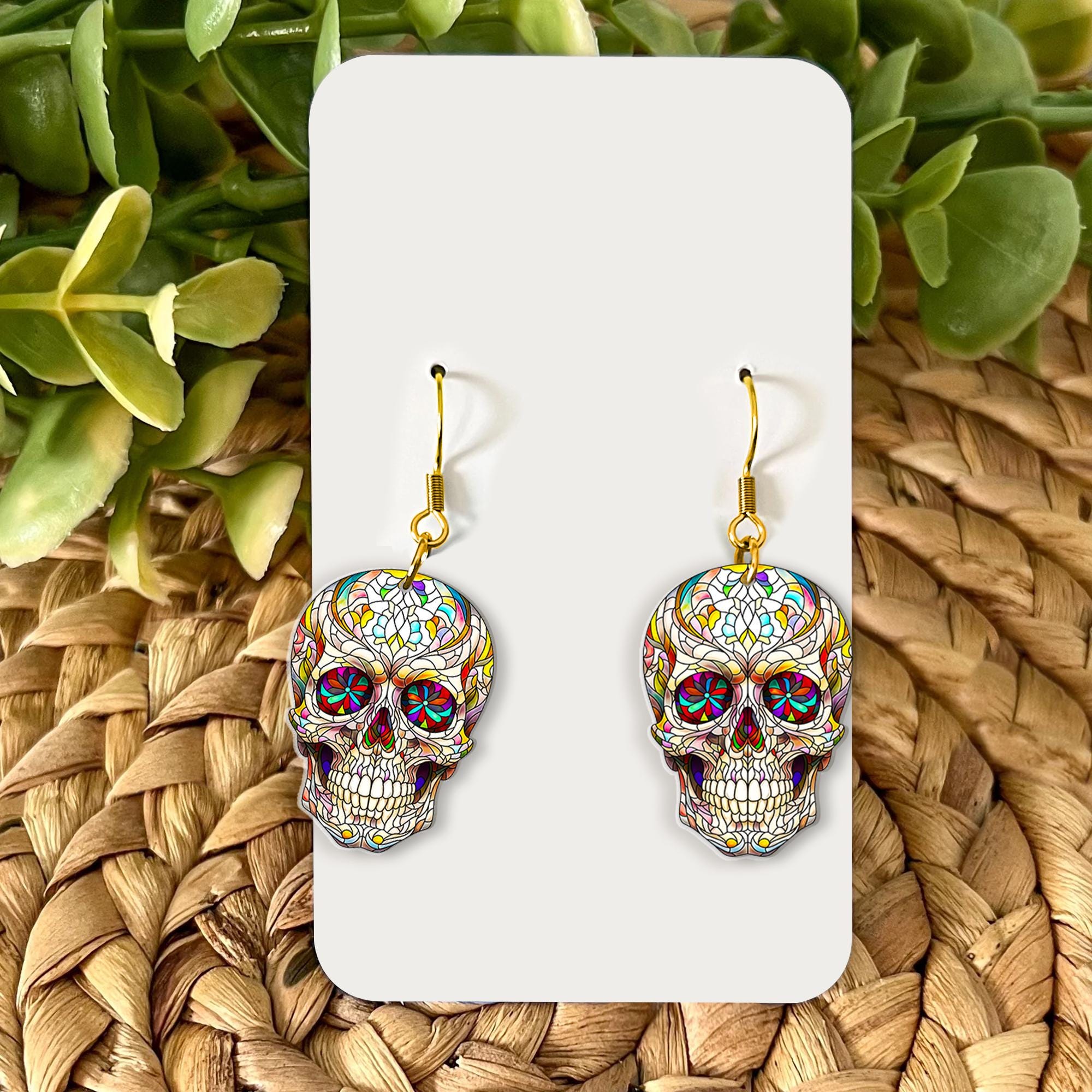 Stained Glass Skull Earrings – Colorful Halloween Dangle Jewelry – Gothic Sugar Skull Style