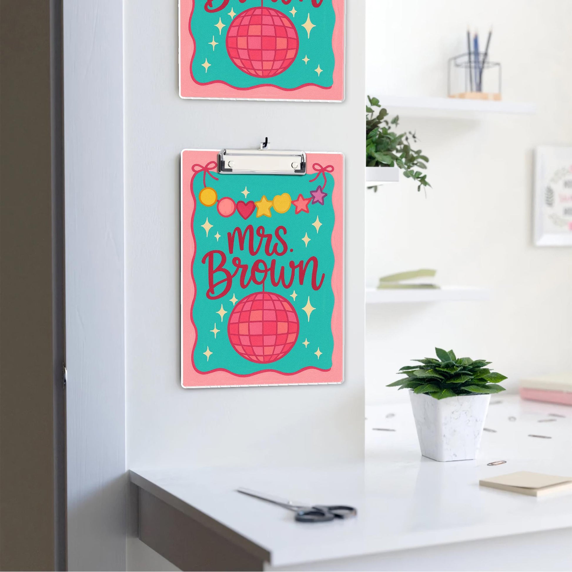 Custom Teacher Clipboard – Personalized Name with Disco Ball & Garland Design – Fun, Colorful Gift for Teachers, Educators, Back to School