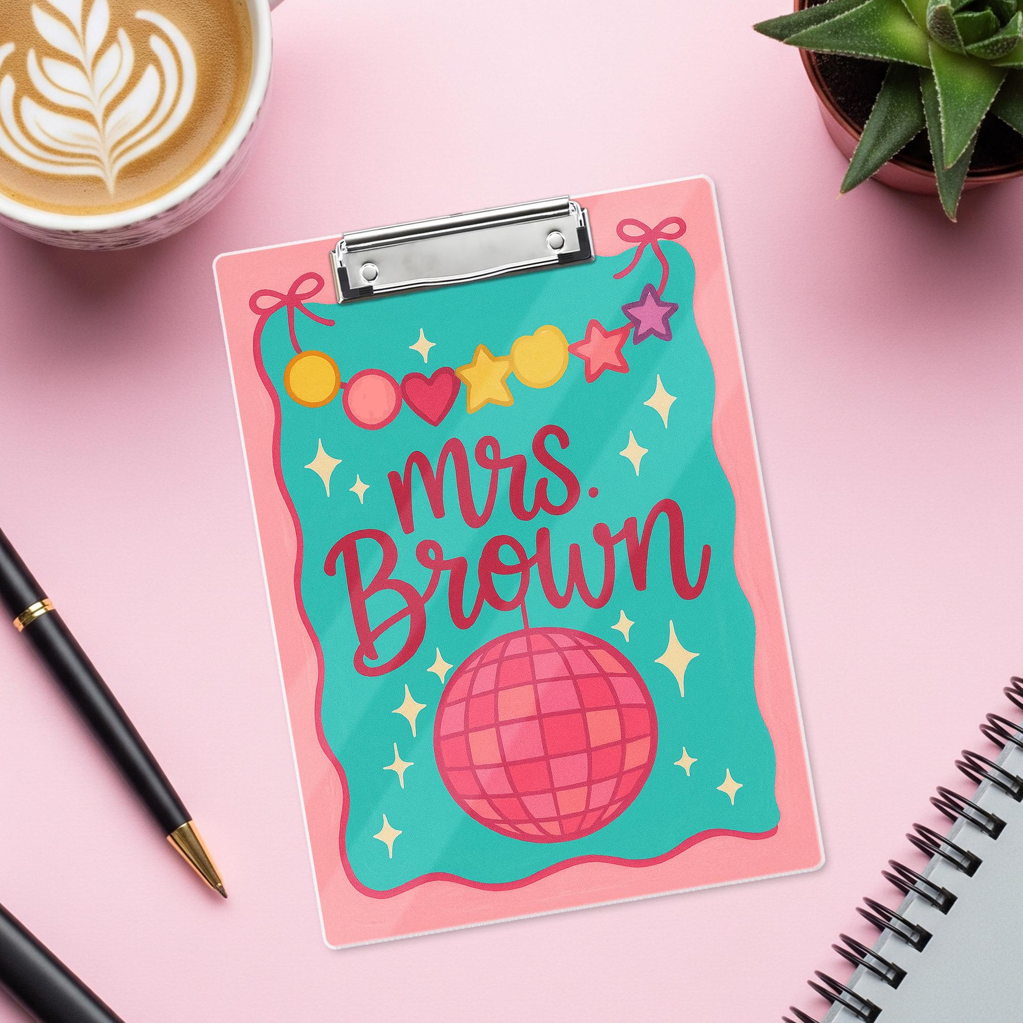 Custom Teacher Clipboard – Personalized Name with Disco Ball & Garland Design – Fun, Colorful Gift for Teachers, Educators, Back to School