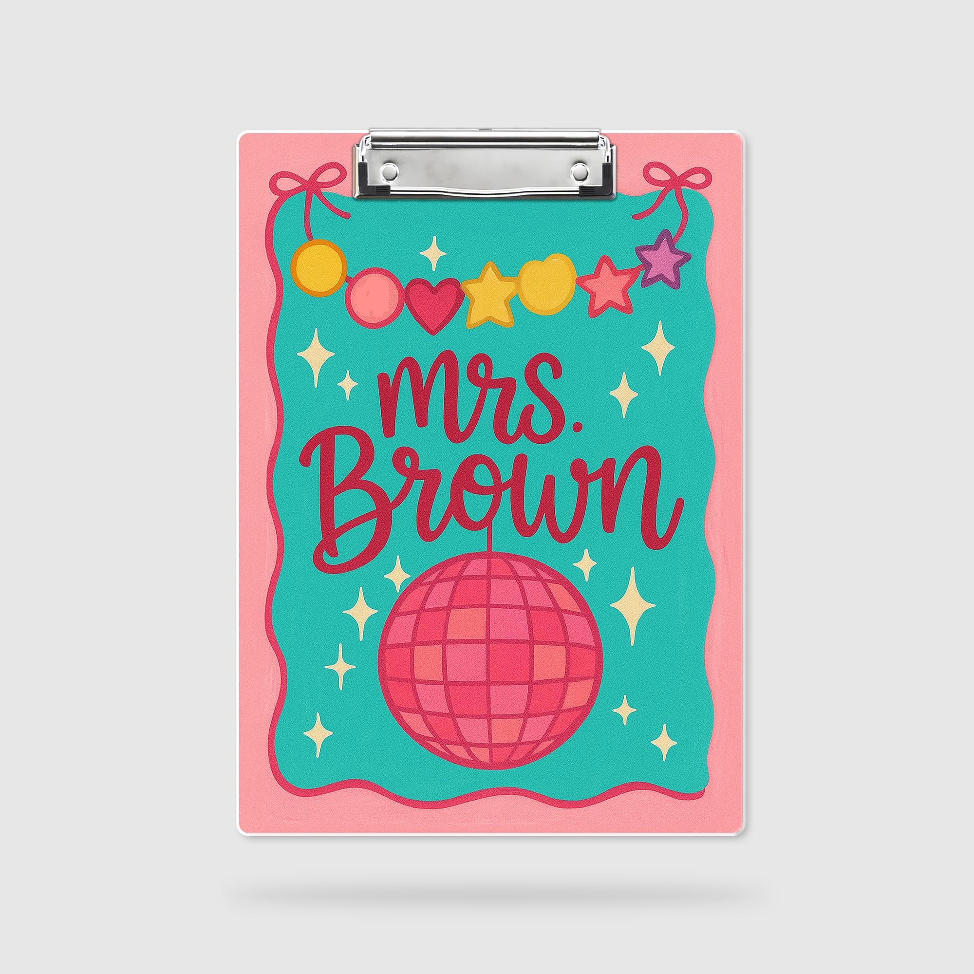Custom Teacher Clipboard – Personalized Name with Disco Ball & Garland Design – Fun, Colorful Gift for Teachers, Educators, Back to School