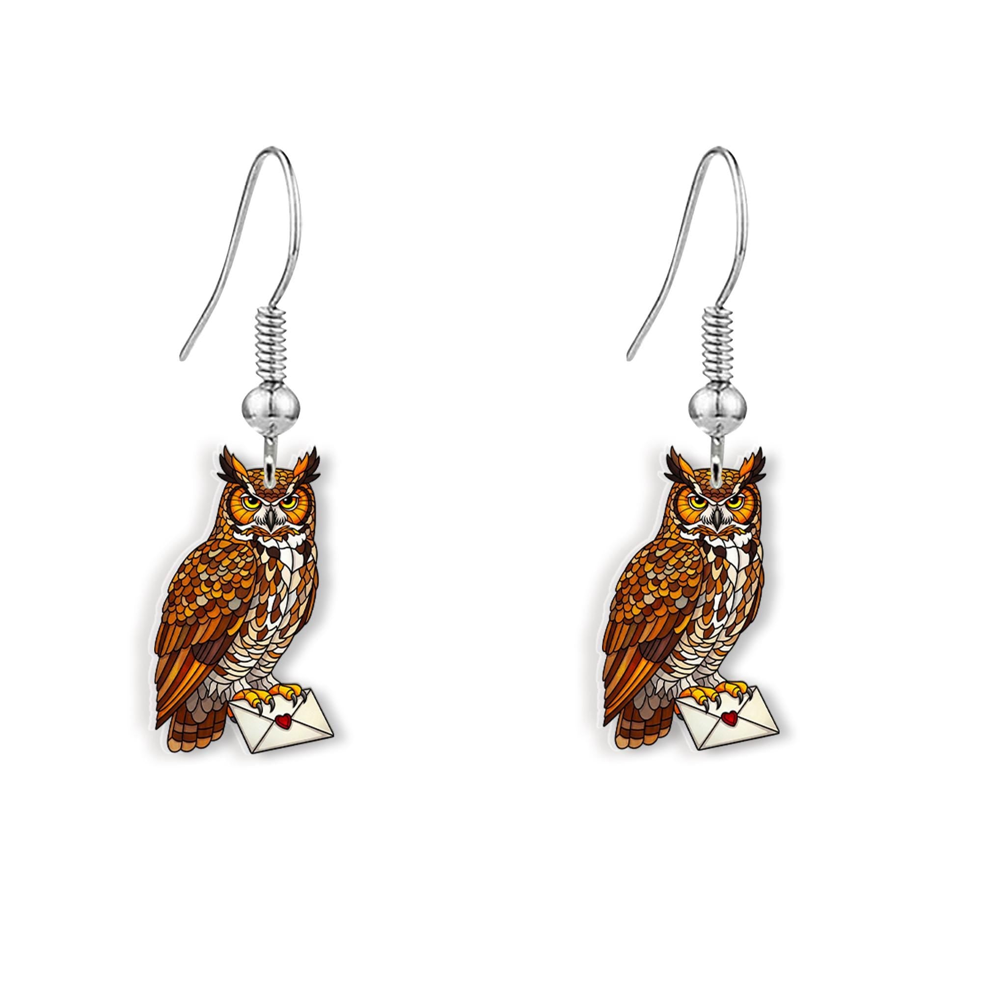 Owl Letter Earrings – Magic Owl Dangle Jewelry – Fantasy Bird Earrings for Witchcore Style