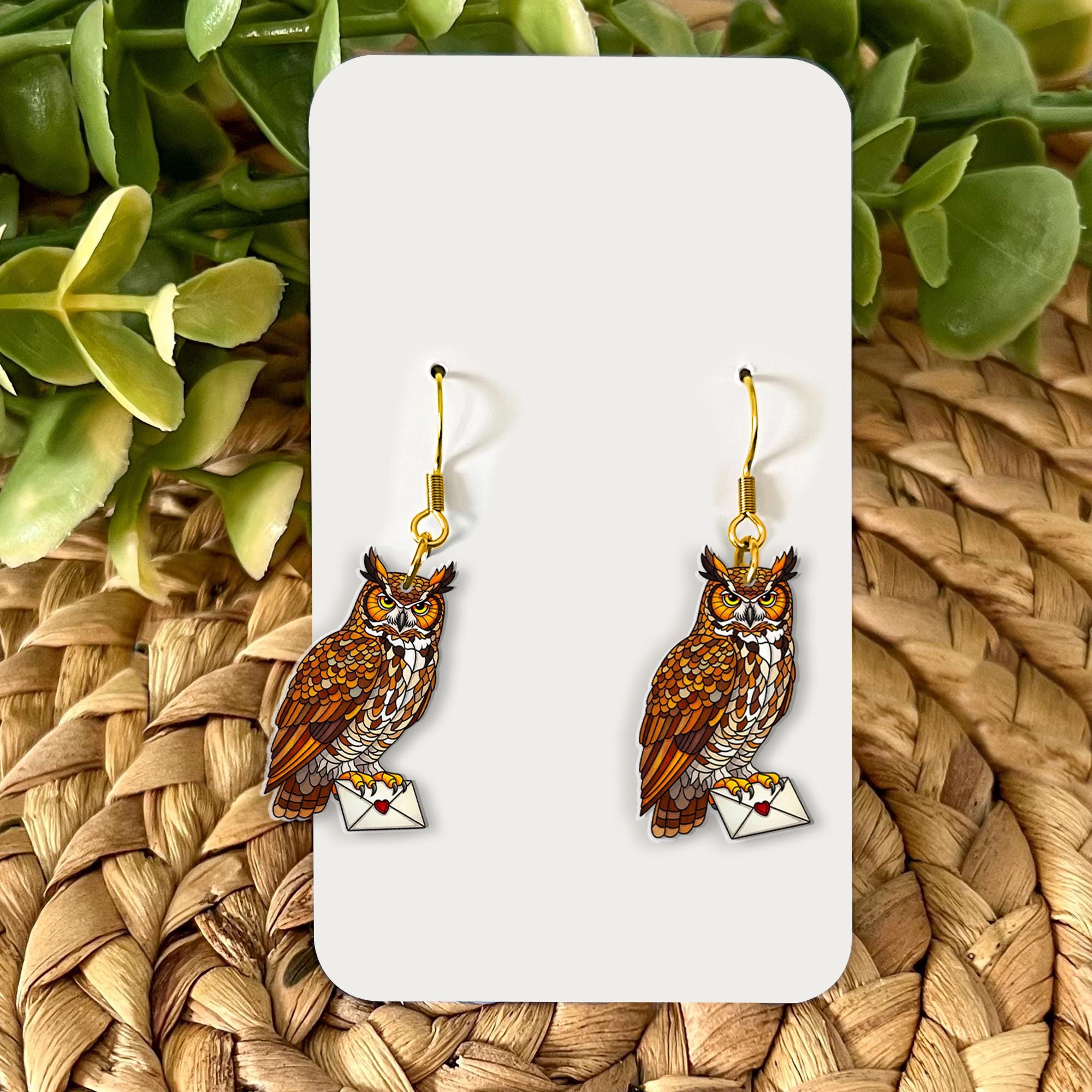 Owl Letter Earrings – Magic Owl Dangle Jewelry – Fantasy Bird Earrings for Witchcore Style