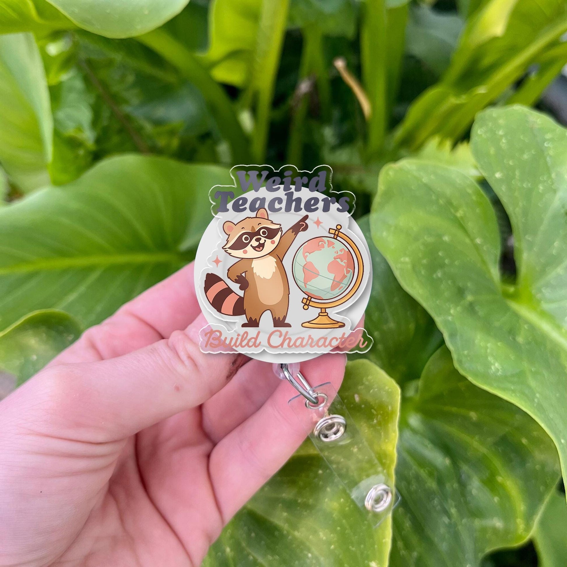 Funny Teacher Badge Reel - "Weird Teachers Build Character" Raccoon ID Holder | Cute Retractable Badge Clip for Educators
