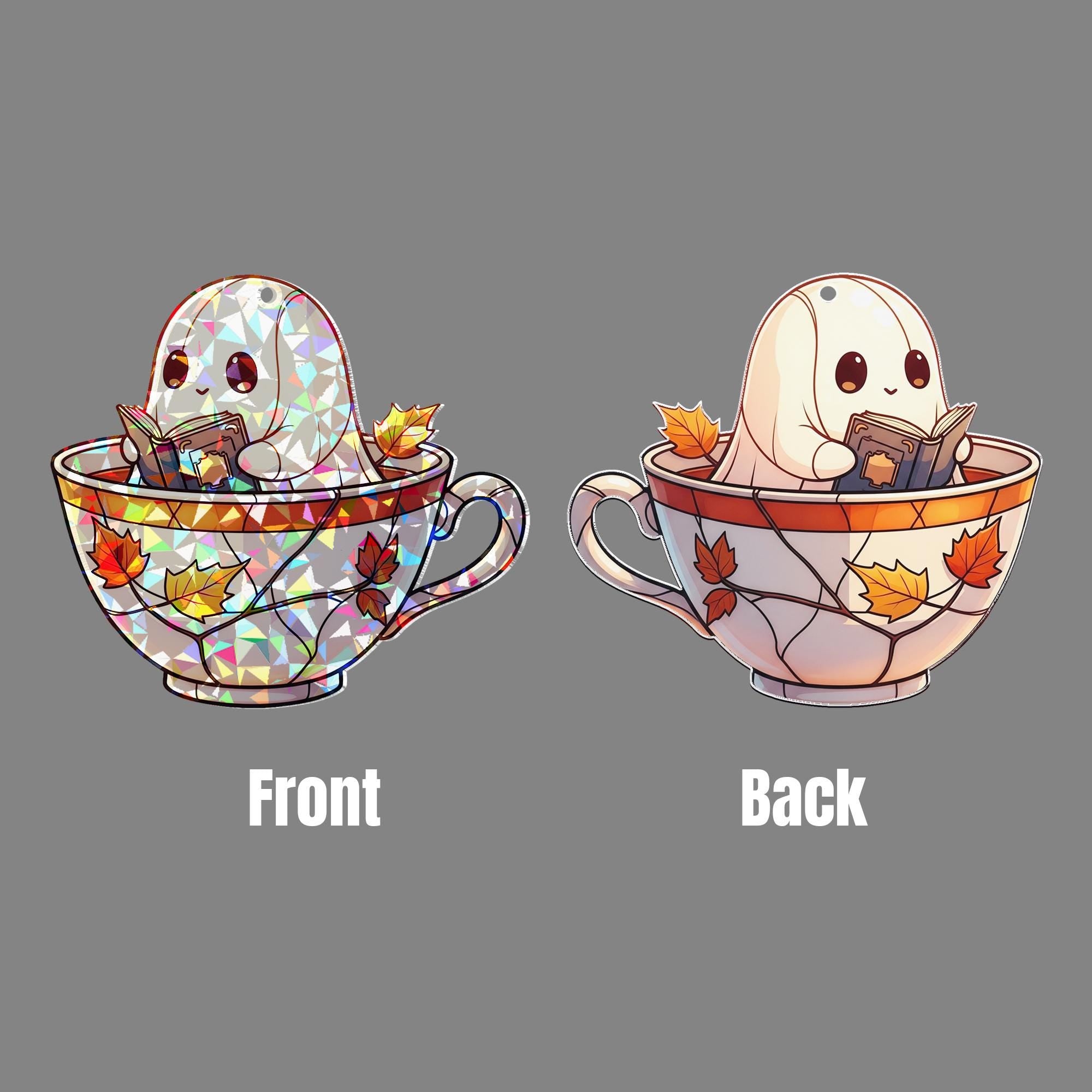 Holographic Ghost Teacup Window Hanging, Fall Leaf Sun Catcher, Cute Ghost Book Lover Decor, Autumn Halloween Window Decoration