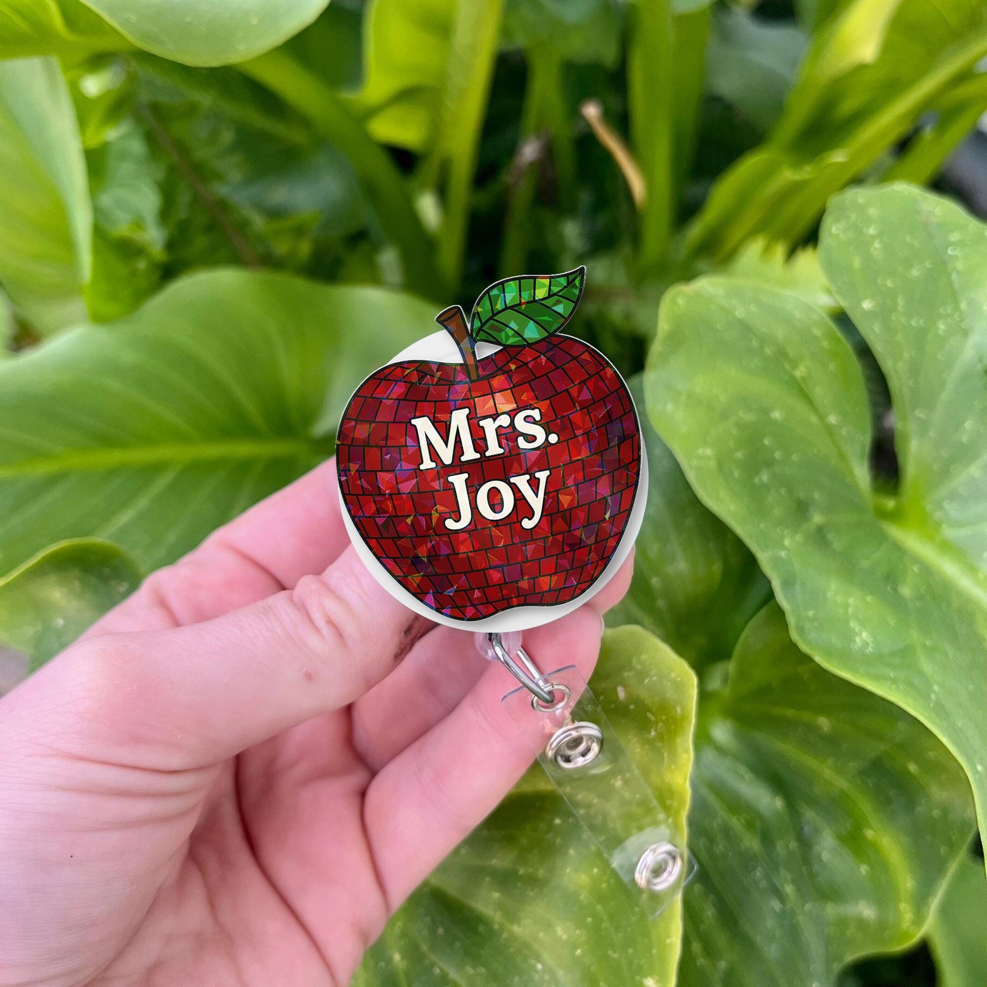 Personalized Teacher Badge Reel - Red Mosaic Apple ID Holder with Custom Name | Retractable Clip for School Staff & Educators