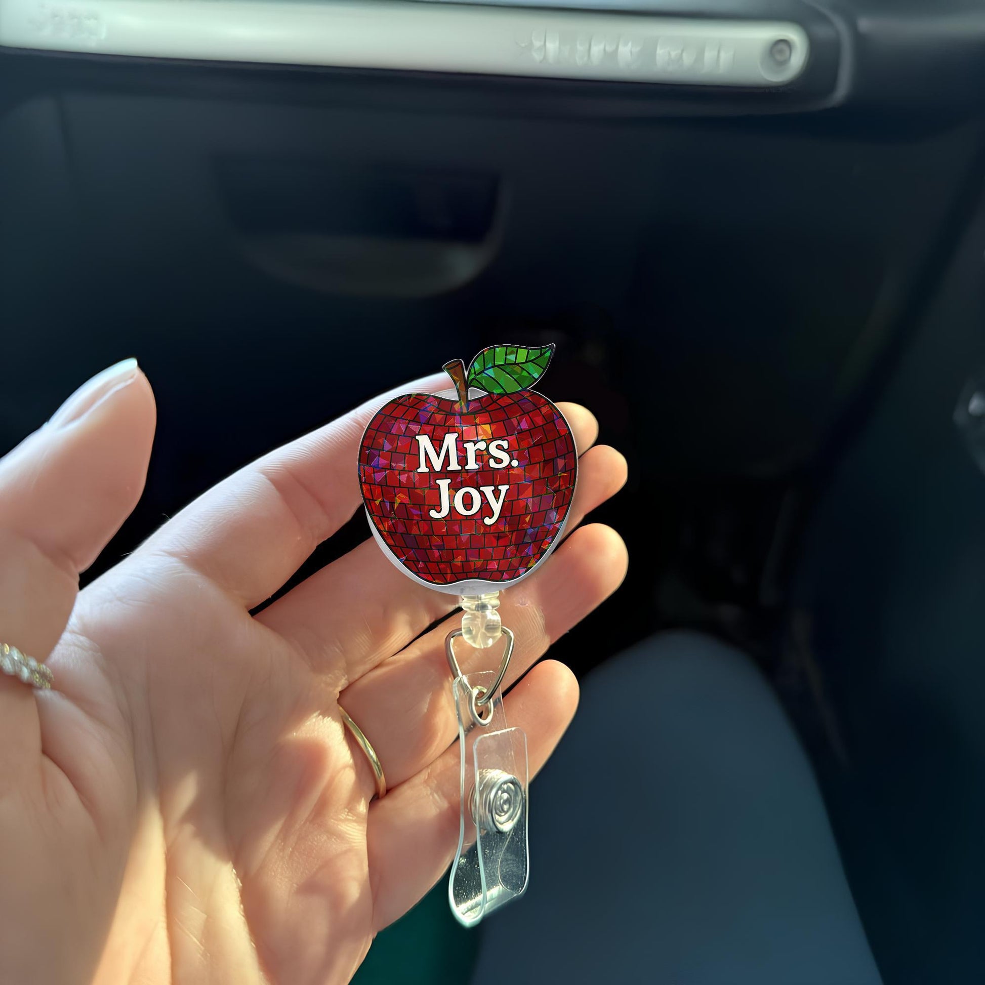 Personalized Teacher Badge Reel - Red Mosaic Apple ID Holder with Custom Name | Retractable Clip for School Staff & Educators