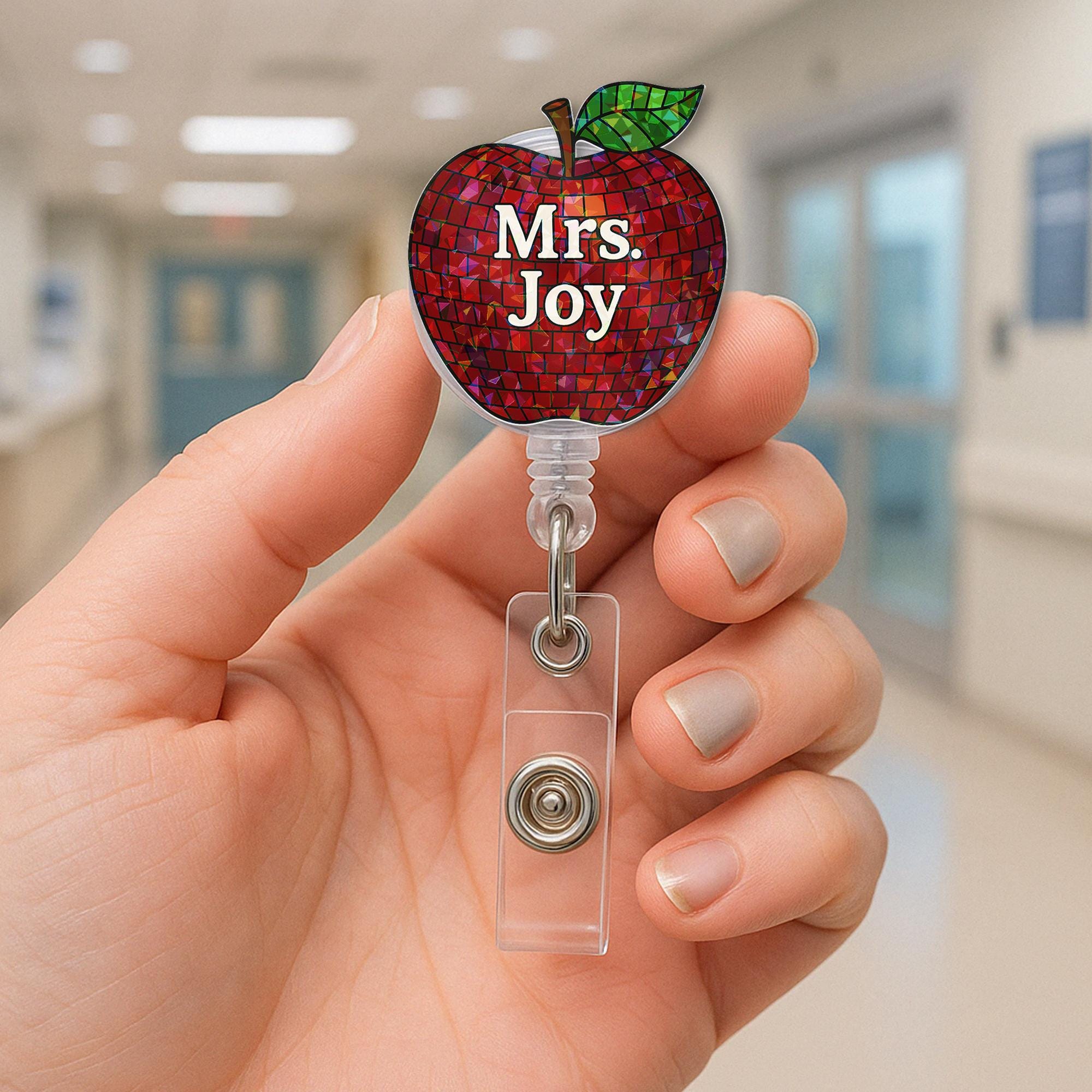 Personalized Teacher Badge Reel - Red Mosaic Apple ID Holder with Custom Name | Retractable Clip for School Staff & Educators
