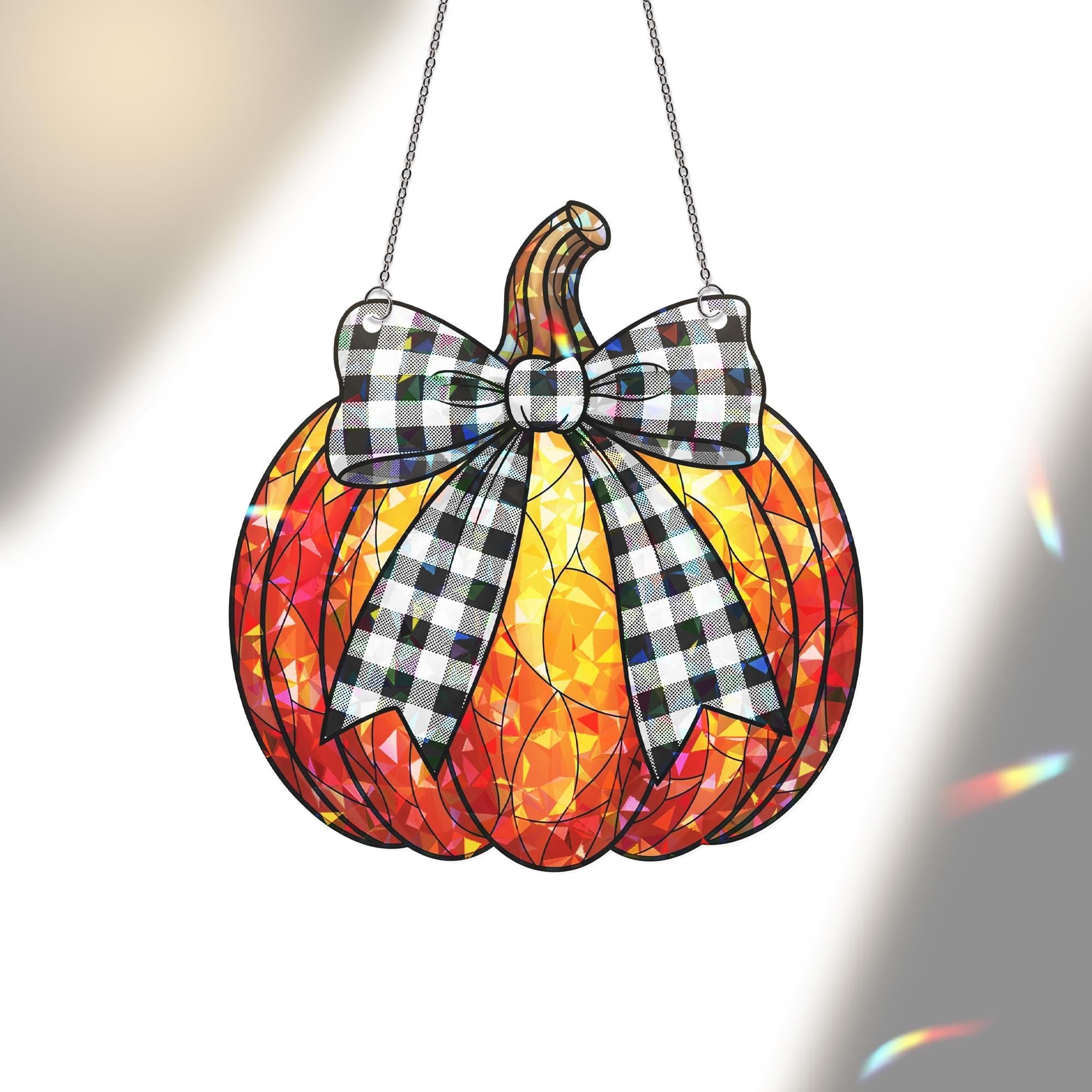 Holographic Pumpkin Window Hanging, Fall Sun Catcher with Buffalo Plaid Bow, Autumn Window Decor, Halloween Pumpkin Suncatcher