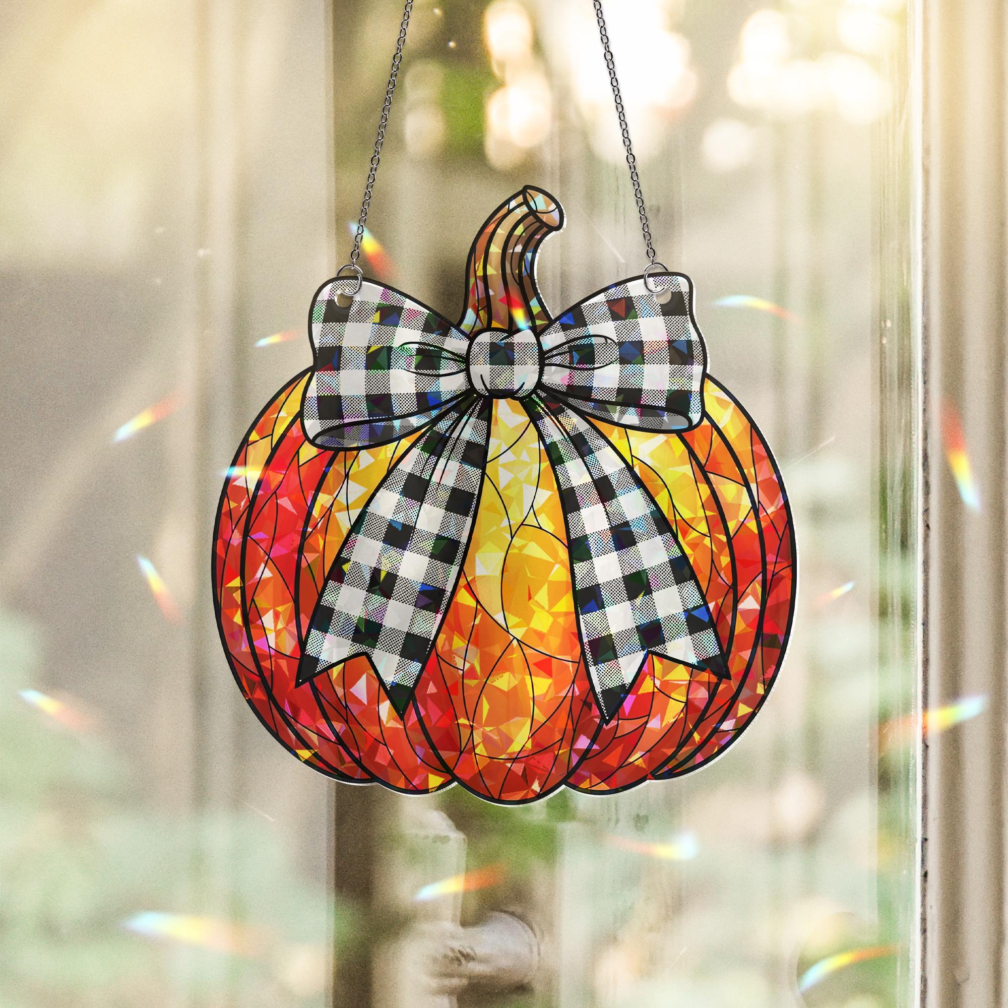 Holographic Pumpkin Window Hanging, Fall Sun Catcher with Buffalo Plaid Bow, Autumn Window Decor, Halloween Pumpkin Suncatcher