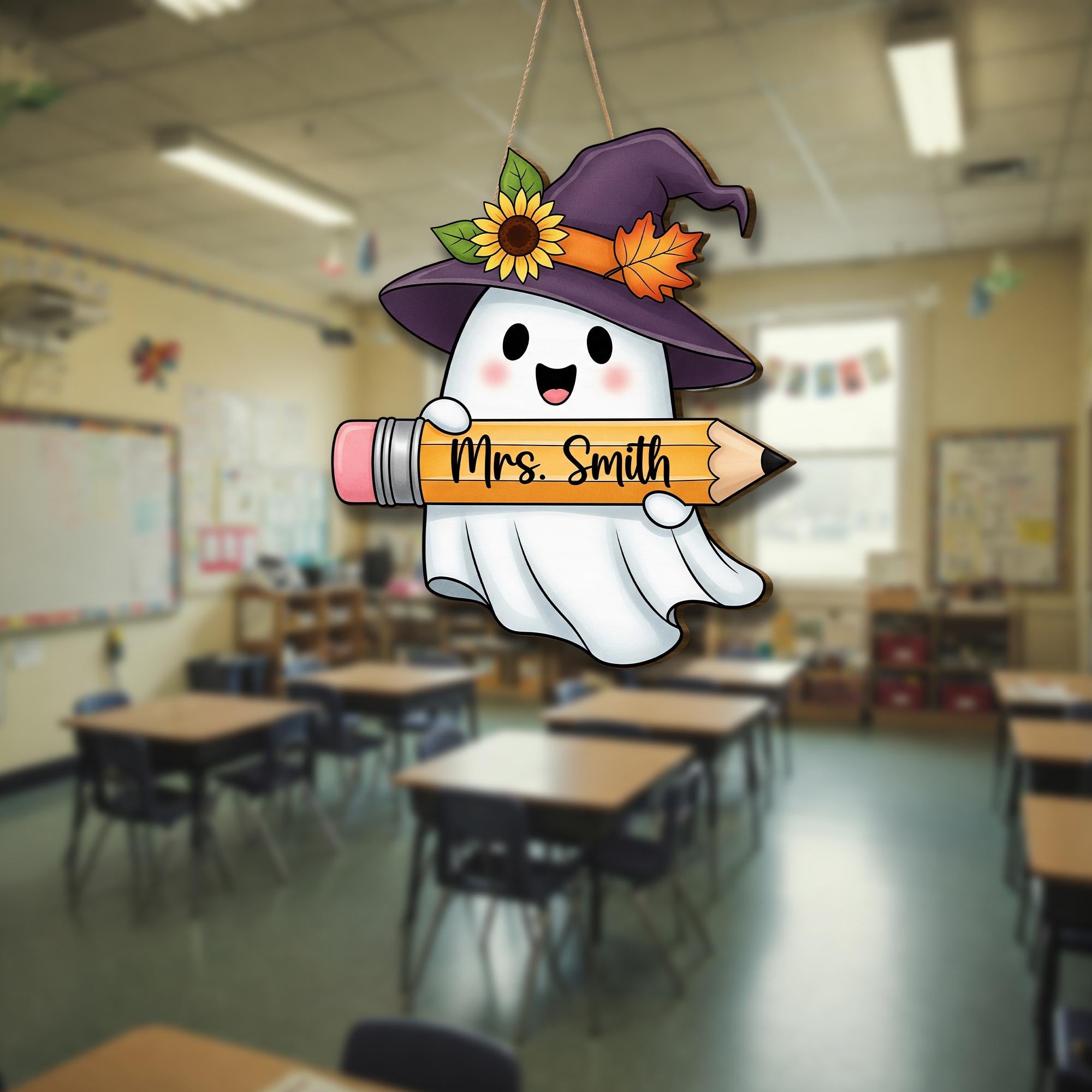 Personalized Teacher Ghost Sign – Halloween Classroom Door Hanger – Cute Fall Name Decor