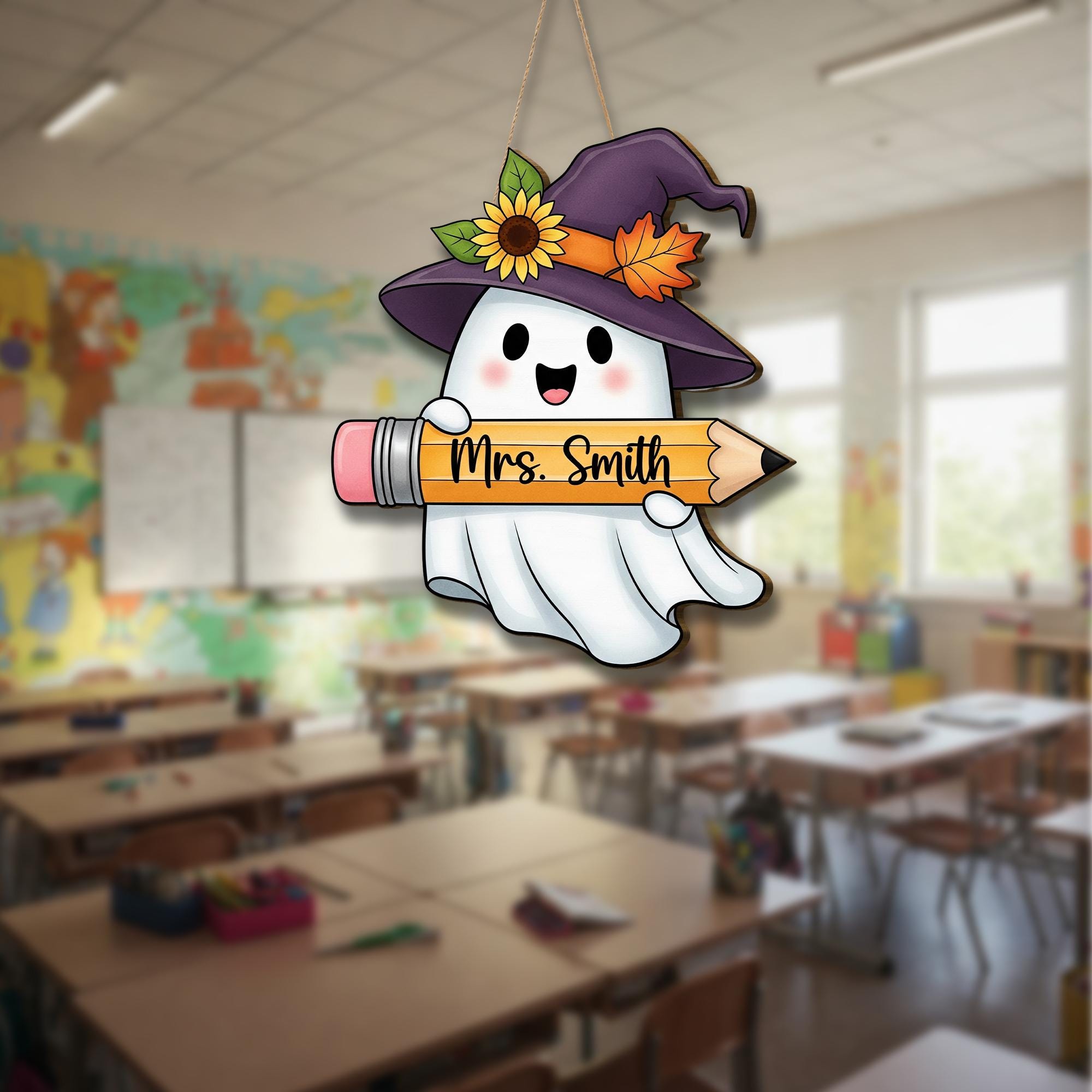 Personalized Teacher Ghost Sign – Halloween Classroom Door Hanger – Cute Fall Name Decor