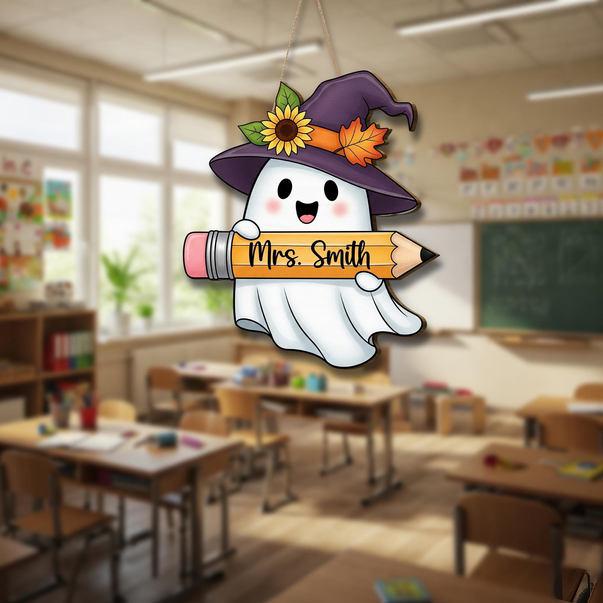 Personalized Teacher Ghost Sign – Halloween Classroom Door Hanger – Cute Fall Name Decor