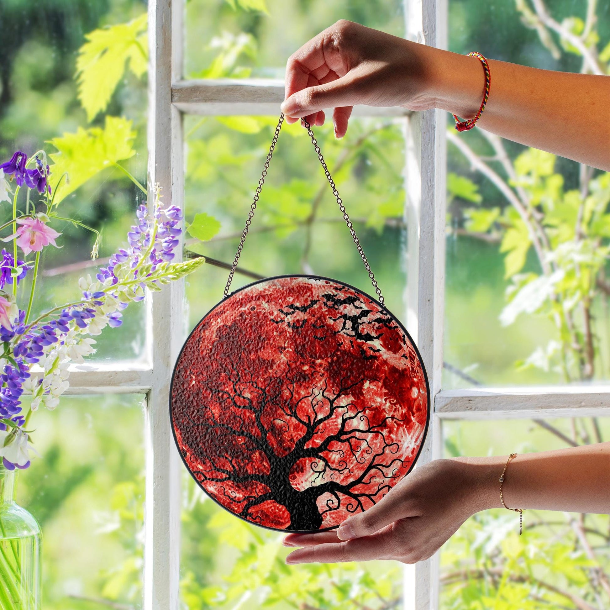 Blood Moon Tree Faux Glass Suncatcher, Halloween Window Hanging Decor, Gothic Autumn Sun Catcher, Witchy Home Fall Window Art
