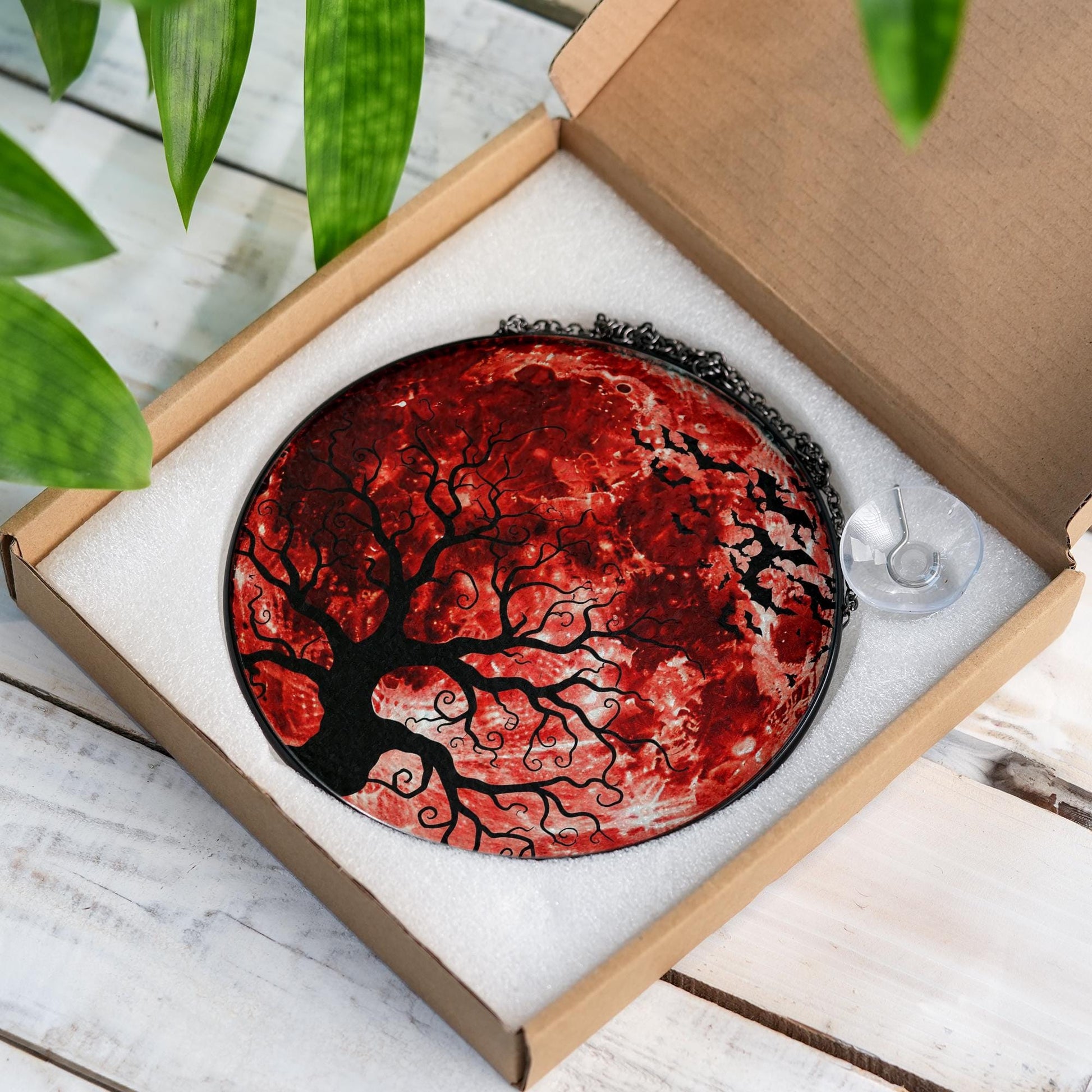 Blood Moon Tree Faux Glass Suncatcher, Halloween Window Hanging Decor, Gothic Autumn Sun Catcher, Witchy Home Fall Window Art