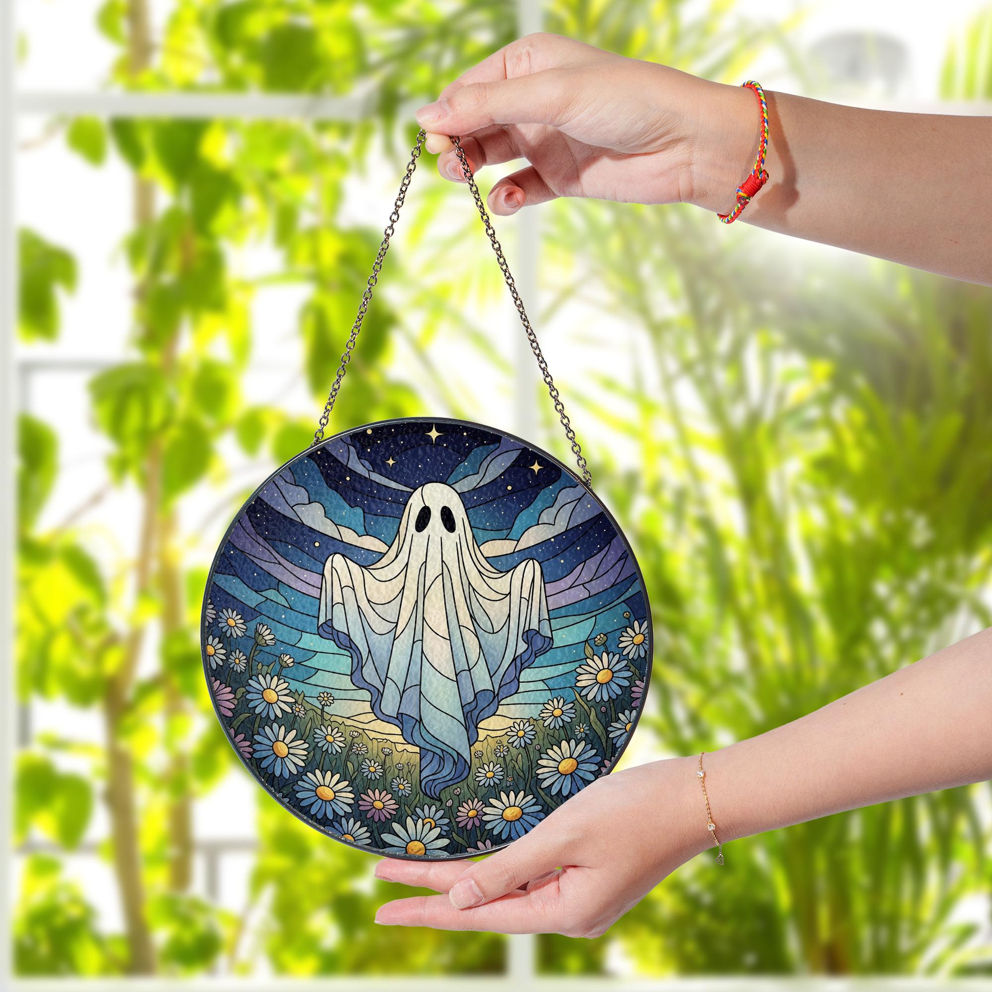 Boho Ghost Faux Glass Suncatcher, Floral Halloween Window Decor, Daisy Field Spirit Art, Cottagecore Ghost Witchy Home Gift