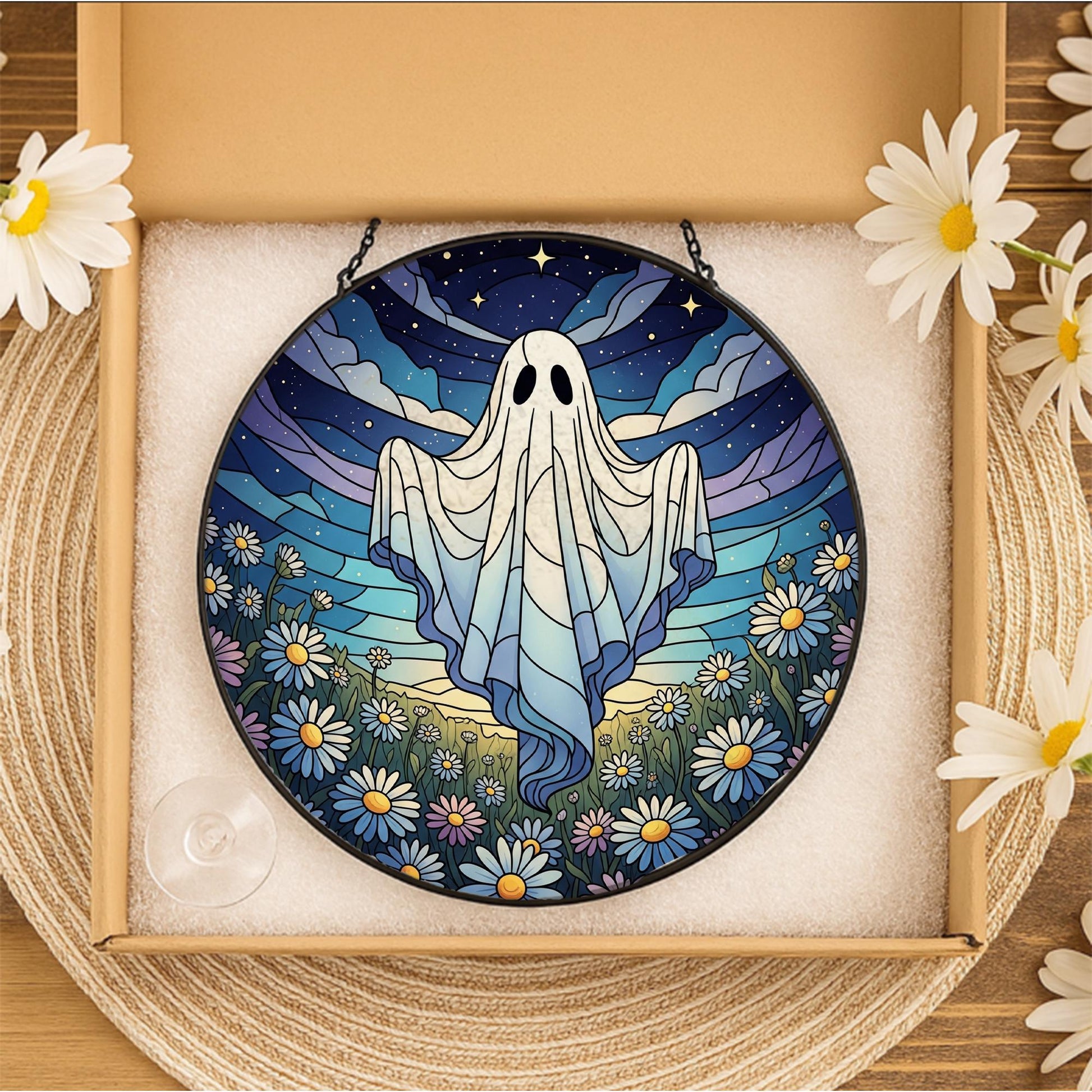 Boho Ghost Faux Glass Suncatcher, Floral Halloween Window Decor, Daisy Field Spirit Art, Cottagecore Ghost Witchy Home Gift