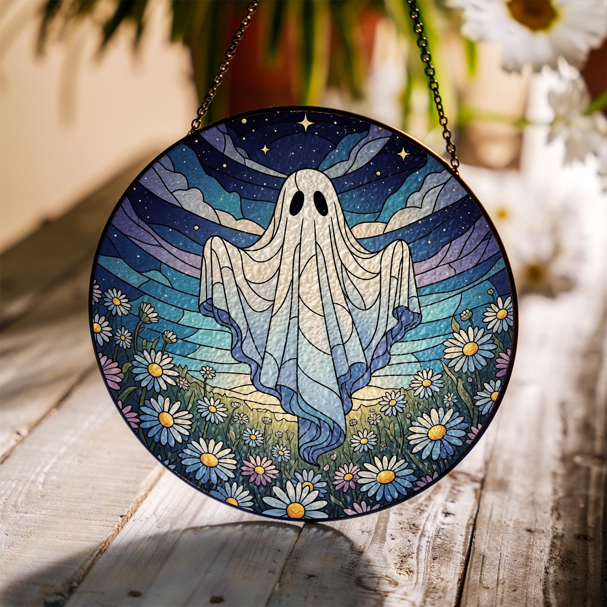 Boho Ghost Faux Glass Suncatcher, Floral Halloween Window Decor, Daisy Field Spirit Art, Cottagecore Ghost Witchy Home Gift