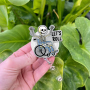 Funny Skeleton Badge Reel, Let's Roll Retractable ID Holder, Nurse Wheelchair Badge Clip, Halloween Medical Office Humor Gift