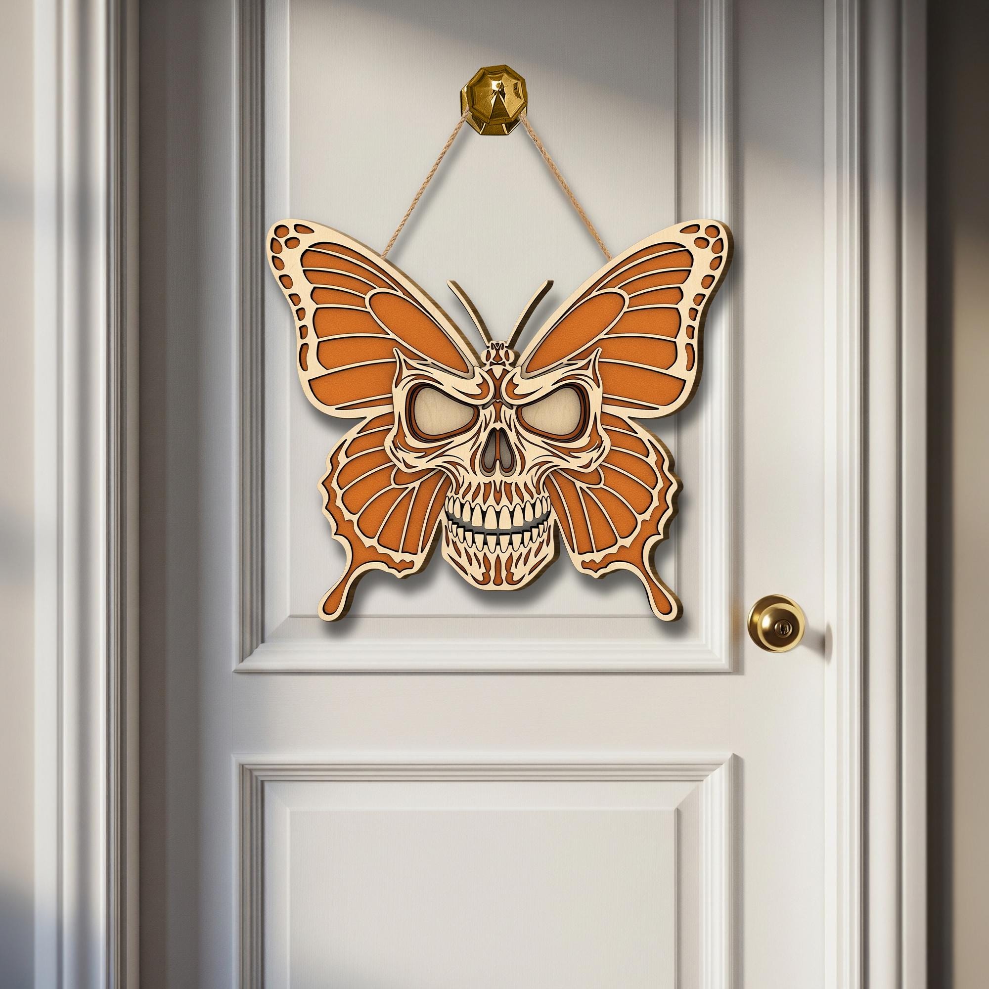 Laser Cut Skull Butterfly Door Hanger – Halloween Wall Decor, Gothic Butterfly Sign, Spooky Fall Home Decoration, Skull Art Wooden Ornament