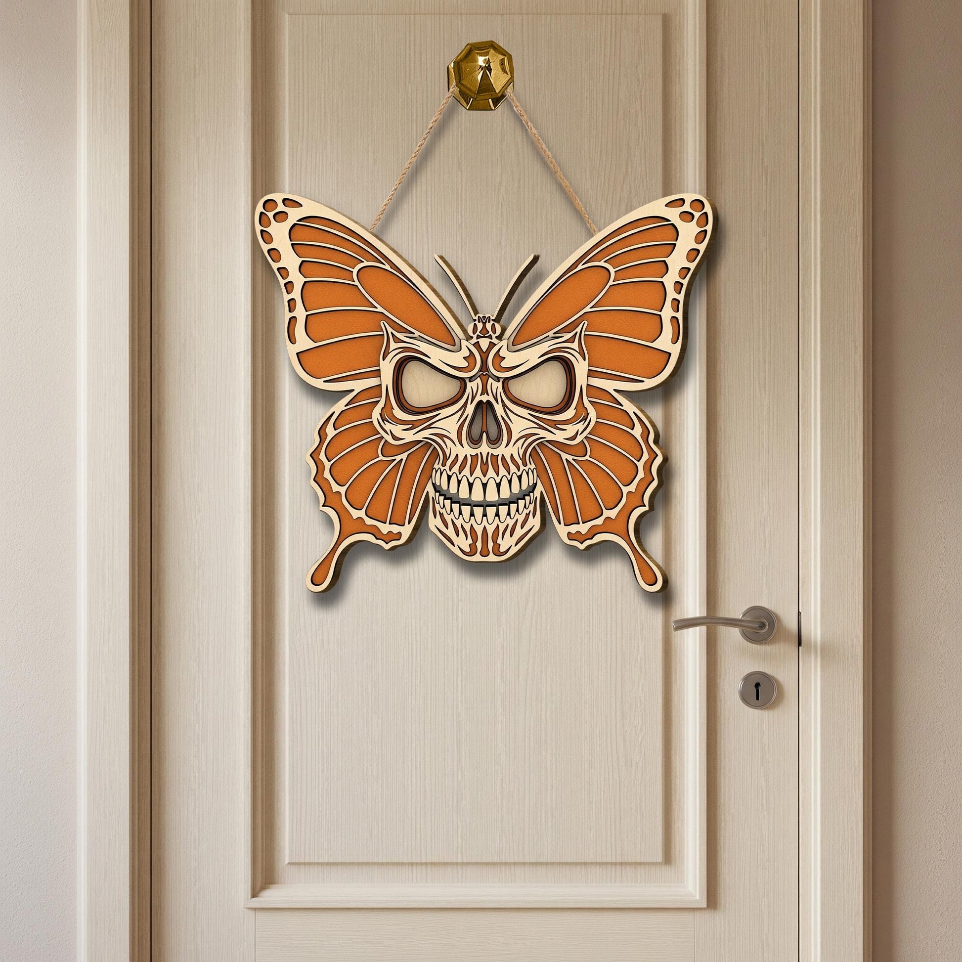 Laser Cut Skull Butterfly Door Hanger – Halloween Wall Decor, Gothic Butterfly Sign, Spooky Fall Home Decoration, Skull Art Wooden Ornament