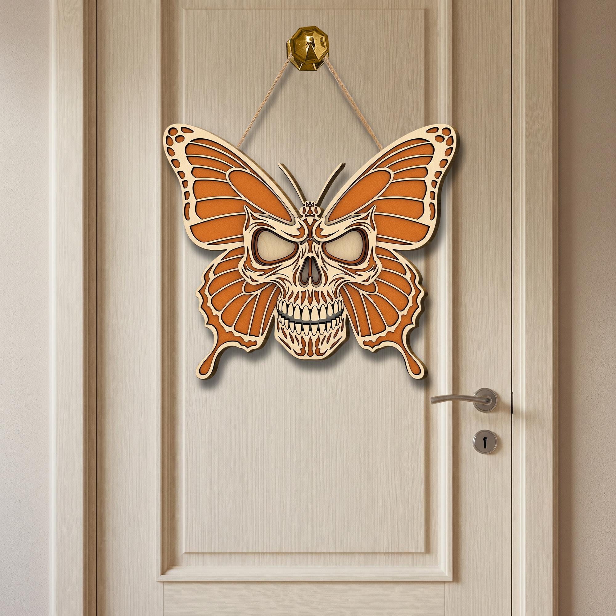Laser Cut Skull Butterfly Door Hanger – Halloween Wall Decor, Gothic Butterfly Sign, Spooky Fall Home Decoration, Skull Art Wooden Ornament