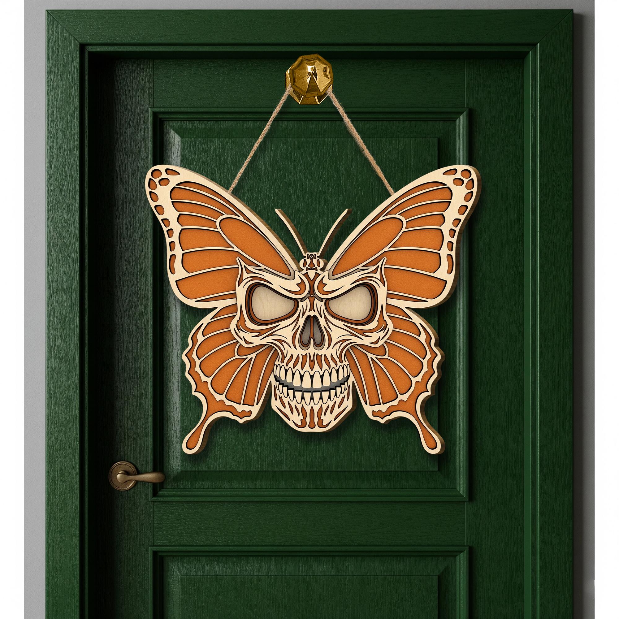 Laser Cut Skull Butterfly Door Hanger – Halloween Wall Decor, Gothic Butterfly Sign, Spooky Fall Home Decoration, Skull Art Wooden Ornament