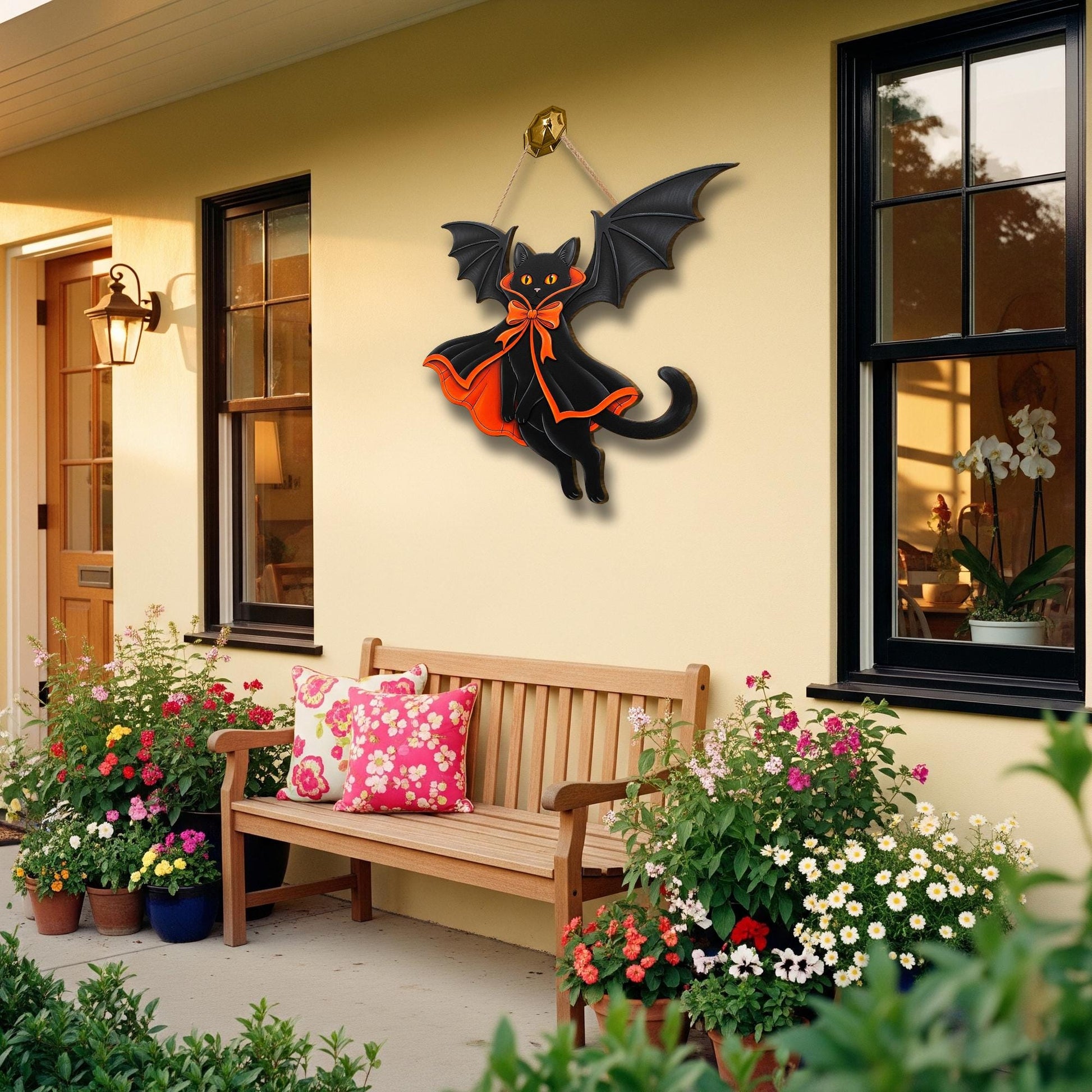 Black Cat Bat Door Hanger – Halloween Cat Wall Decor, Cute Vampire Cat Sign, Gothic Fall Door Decoration, Spooky Wooden Cat Ornament