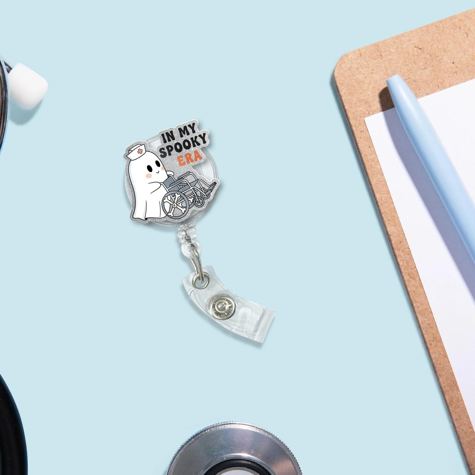 Spooky Era Ghost Nurse Badge Reel, Halloween Retractable ID Holder, Cute Nurse Badge Clip, Wheelchair Medical Badge Accessory
