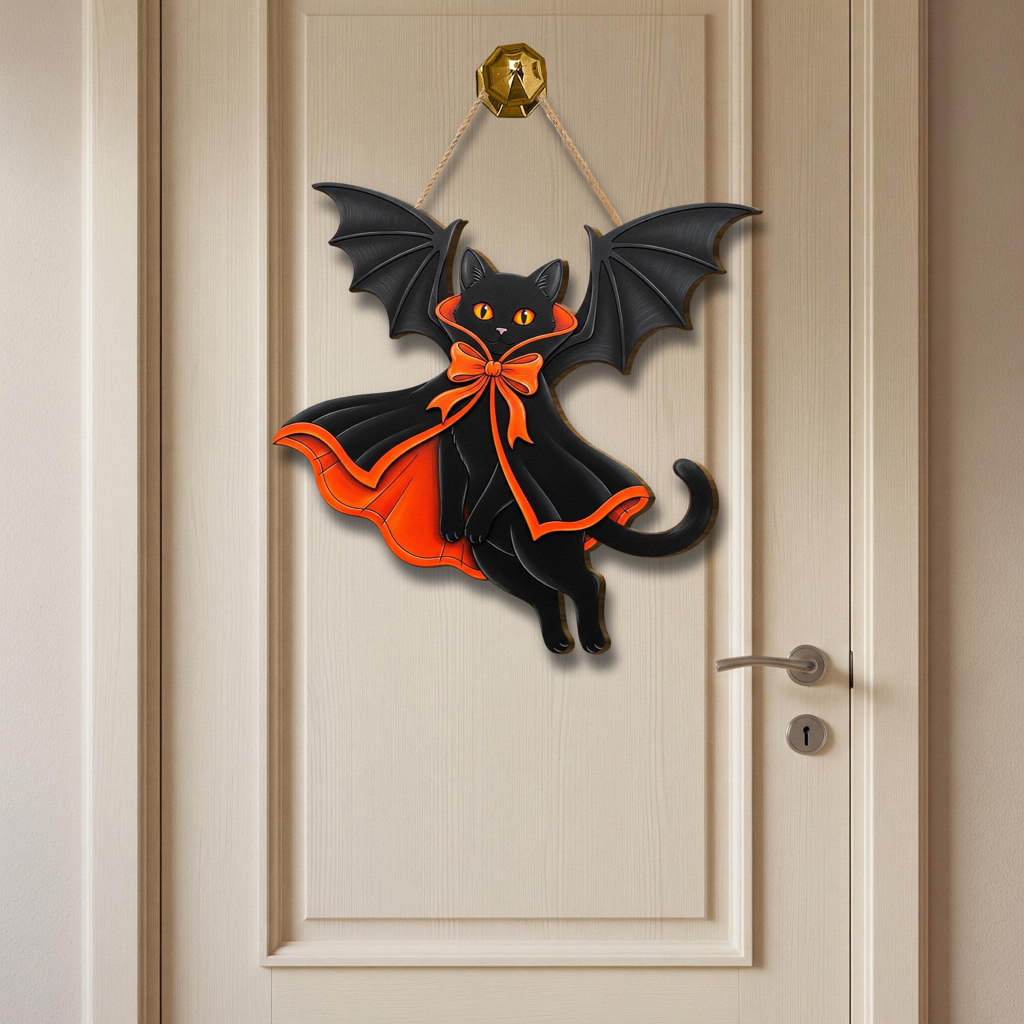 Black Cat Bat Door Hanger – Halloween Cat Wall Decor, Cute Vampire Cat Sign, Gothic Fall Door Decoration, Spooky Wooden Cat Ornament