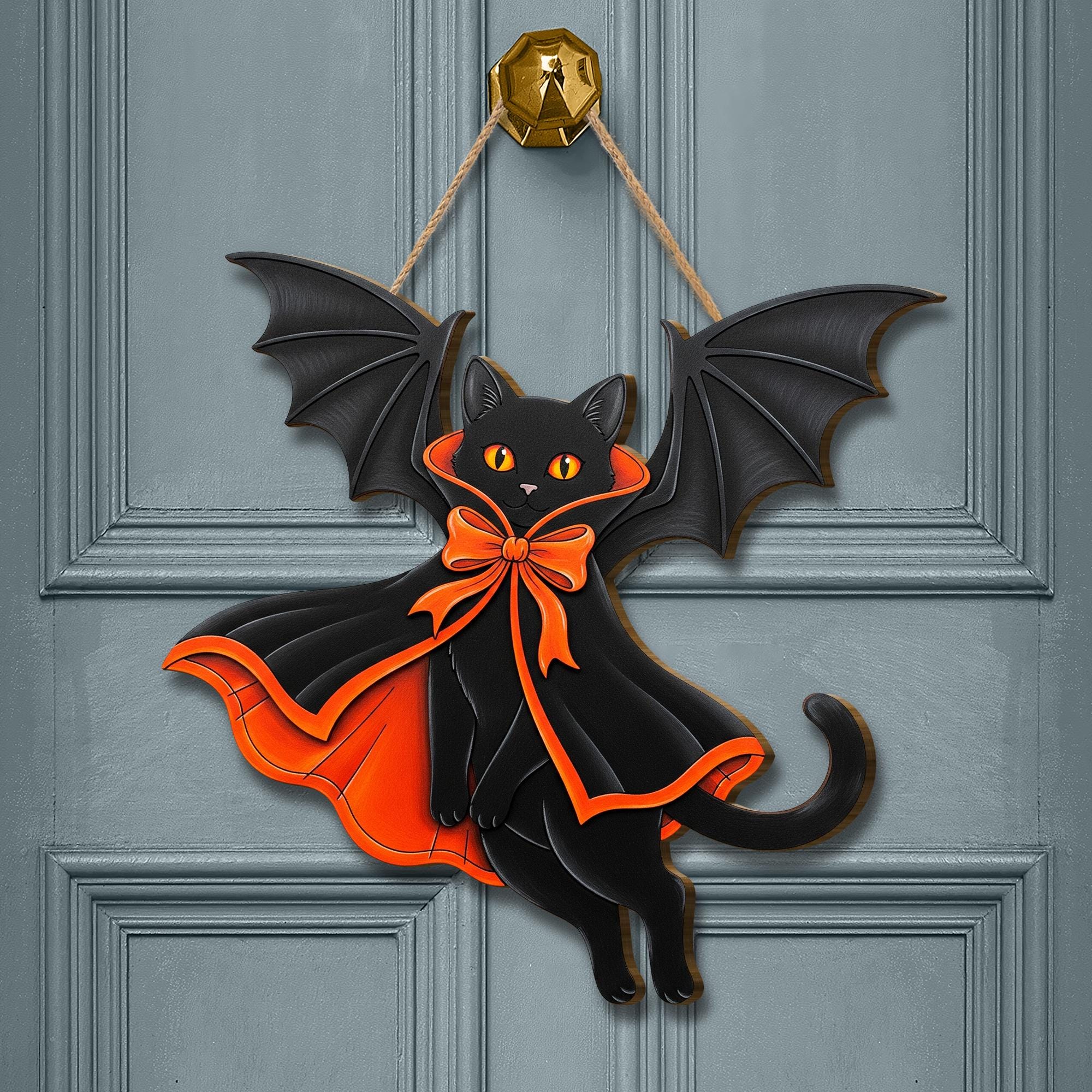 Black Cat Bat Door Hanger – Halloween Cat Wall Decor, Cute Vampire Cat Sign, Gothic Fall Door Decoration, Spooky Wooden Cat Ornament
