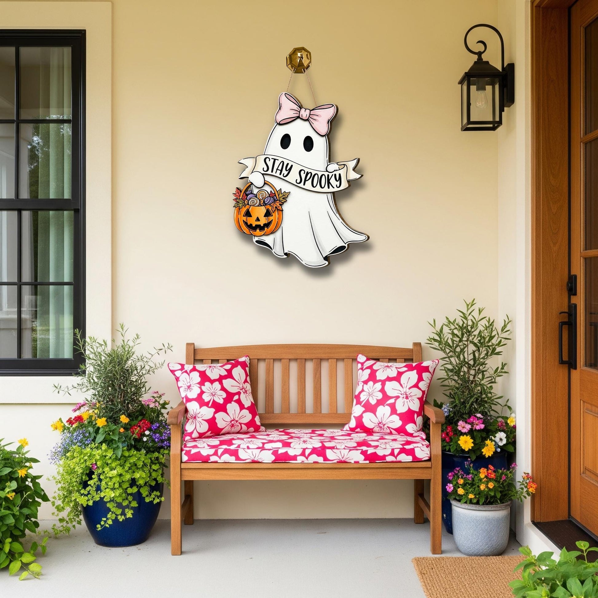 Stay Spooky Ghost Door Sign, Cute Halloween Wooden Hanger with Bow and Pumpkin Basket, Fall Porch Decor, Spooky Front Door Accent