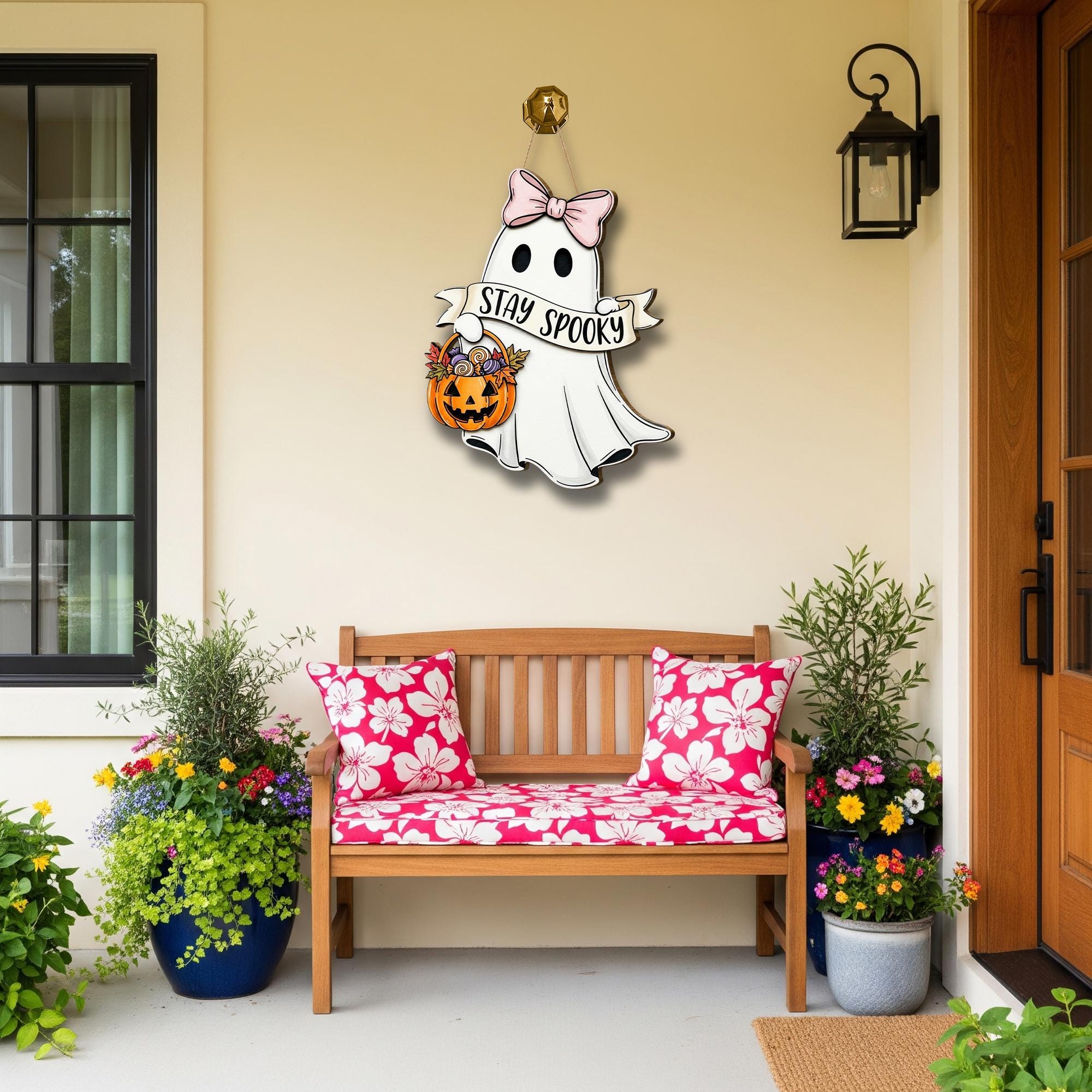 Stay Spooky Ghost Door Sign, Cute Halloween Wooden Hanger with Bow and Pumpkin Basket, Fall Porch Decor, Spooky Front Door Accent