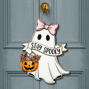Stay Spooky Ghost Door Sign, Cute Halloween Wooden Hanger with Bow and Pumpkin Basket, Fall Porch Decor, Spooky Front Door Accent
