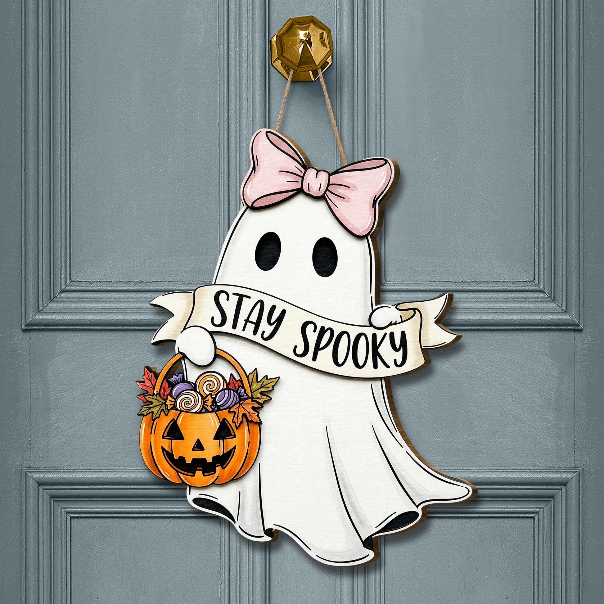 Stay Spooky Ghost Door Sign, Cute Halloween Wooden Hanger with Bow and Pumpkin Basket, Fall Porch Decor, Spooky Front Door Accent