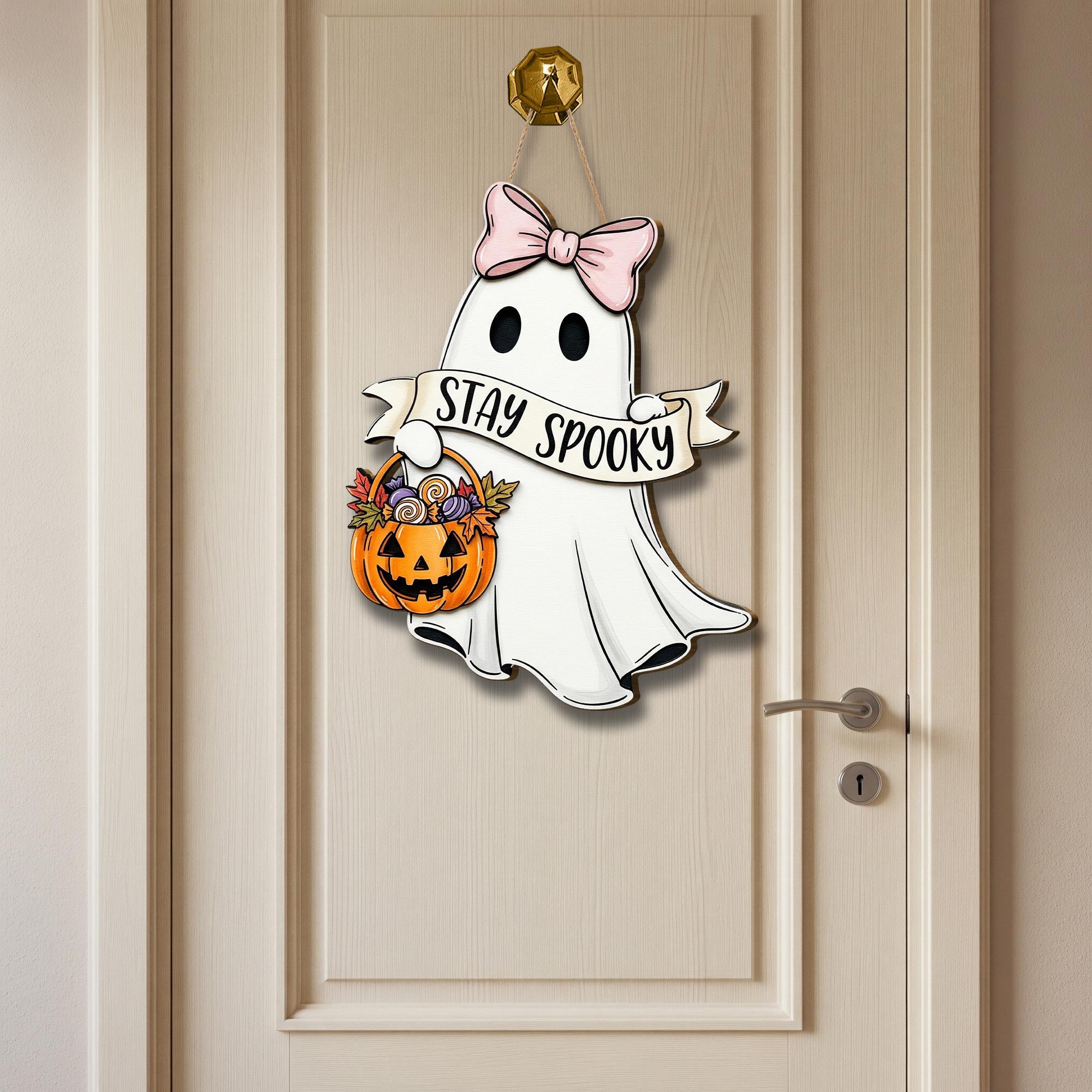 Stay Spooky Ghost Door Sign, Cute Halloween Wooden Hanger with Bow and Pumpkin Basket, Fall Porch Decor, Spooky Front Door Accent